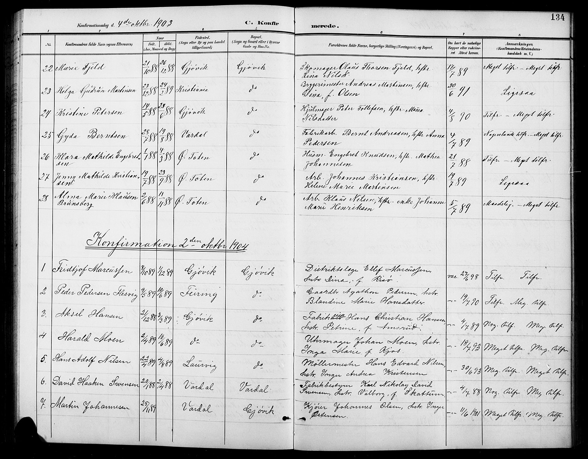 Vardal prestekontor, SAH/PREST-100/H/Ha/Hab/L0012: Parish register (copy) no. 12, 1902-1911, p. 134