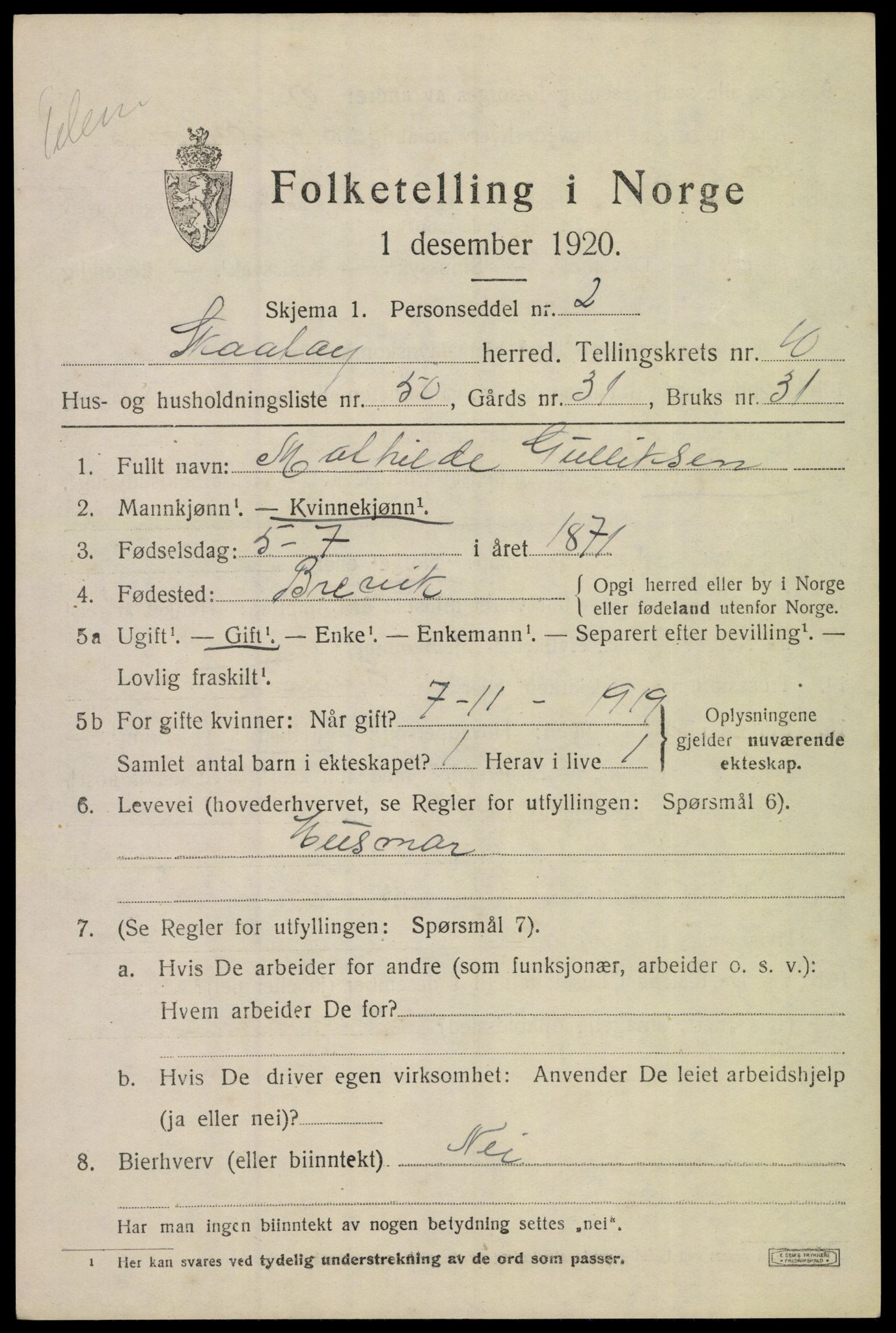 SAKO, 1920 census for Skåtøy, 1920, p. 7734