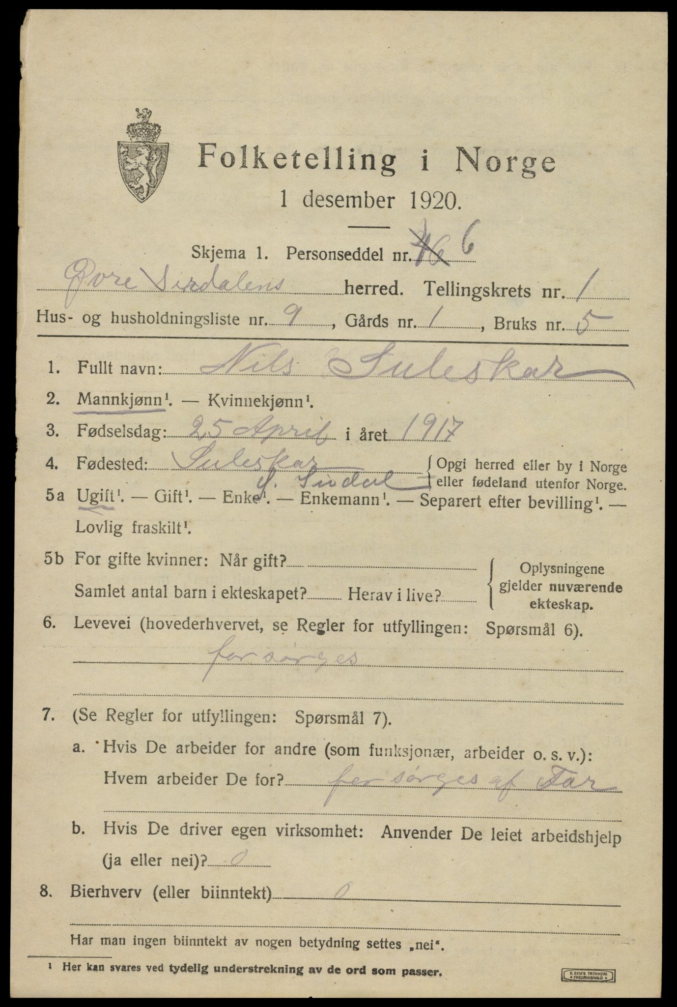 SAK, 1920 census for Øvre Sirdal, 1920, p. 421