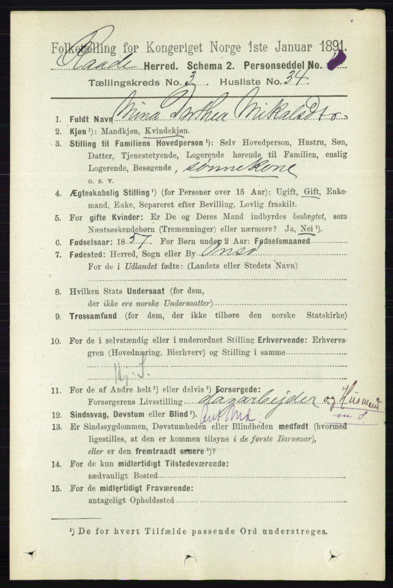 RA, 1891 census for 0135 Råde, 1891, p. 1403