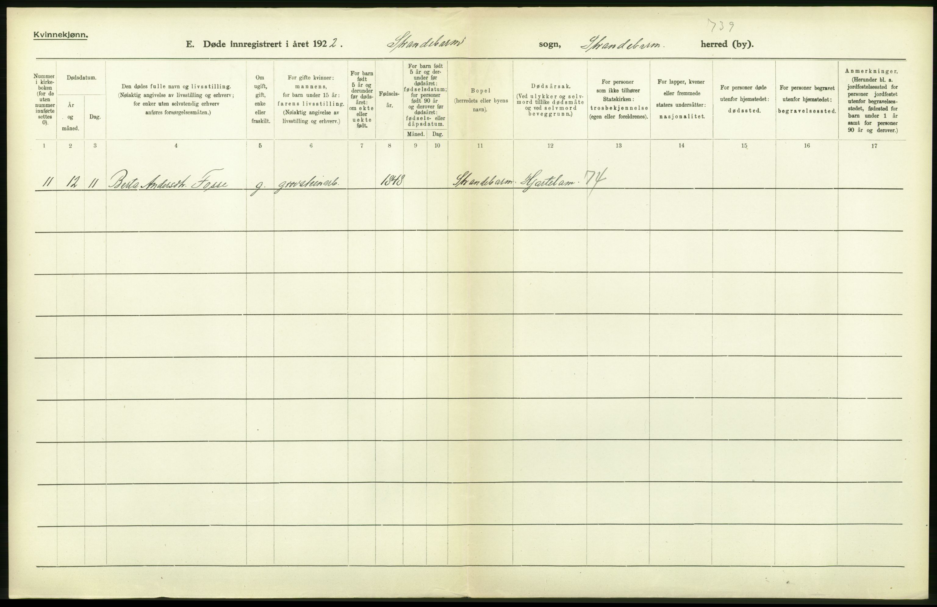 Statistisk sentralbyrå, Sosiodemografiske emner, Befolkning, AV/RA-S-2228/D/Df/Dfc/Dfcb/L0028: Hordaland fylke: Døde, dødfødte. Bygder., 1922, p. 4