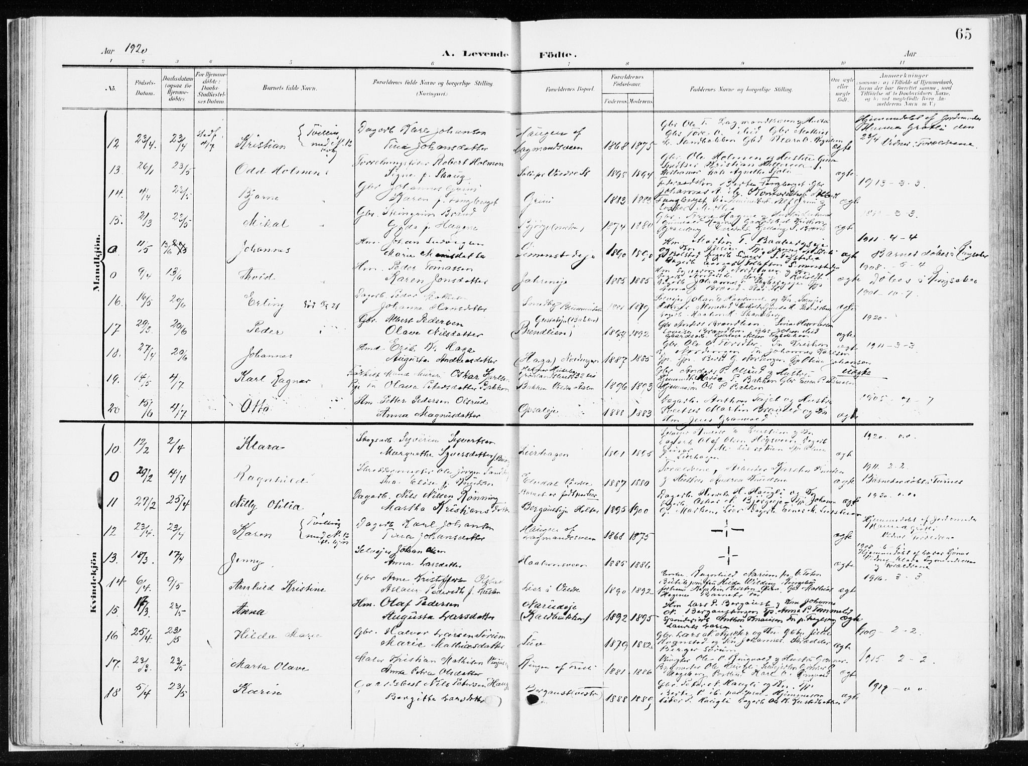 Ringsaker prestekontor, AV/SAH-PREST-014/K/Ka/L0019: Parish register (official) no. 19, 1905-1920, p. 65