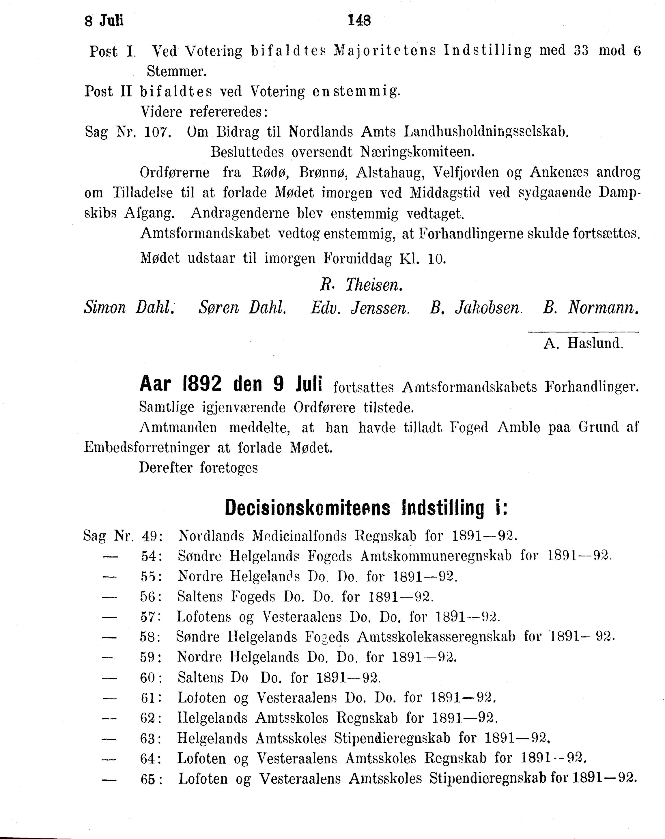 Nordland Fylkeskommune. Fylkestinget, AIN/NFK-17/176/A/Ac/L0016: Fylkestingsforhandlinger 1891-1893, 1891-1893, p. 148