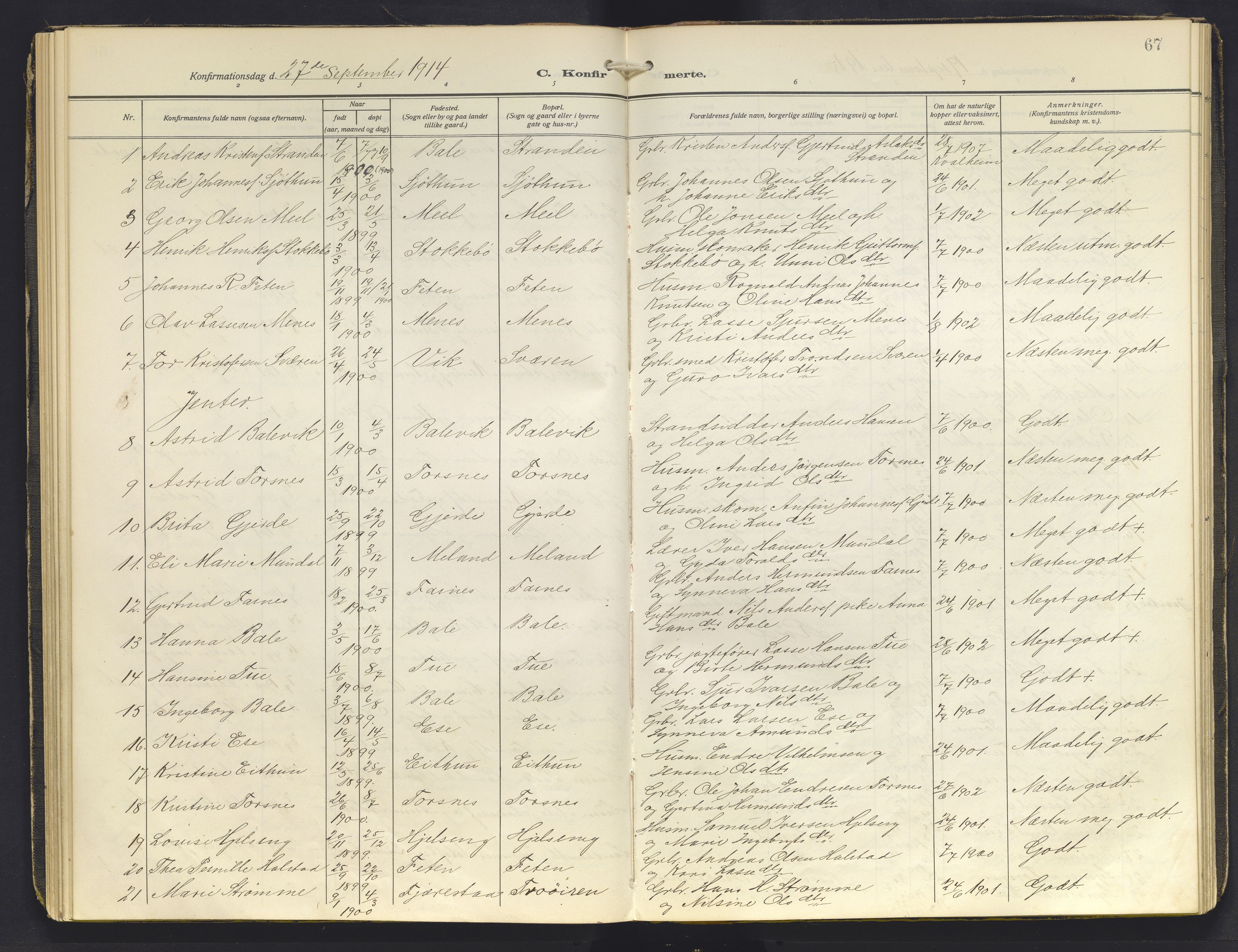 Balestrand sokneprestembete, AV/SAB-A-79601/H/Haa/Haab/L0002: Parish register (official) no. B 2, 1911-1932, p. 67