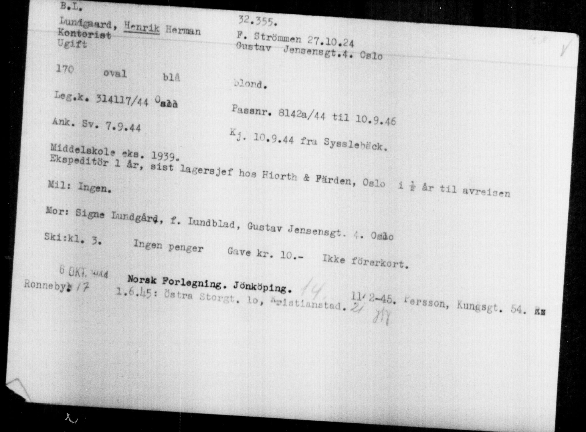 Utenriksstasjonene, Legasjonen i Stockholm, Flyktningkontoret, AV/RA-S-6753/V/Va/L0013: Kjesäterkartoteket, flyktninger med registreringsnr. 31500-34731, 1940-1945, p. 905