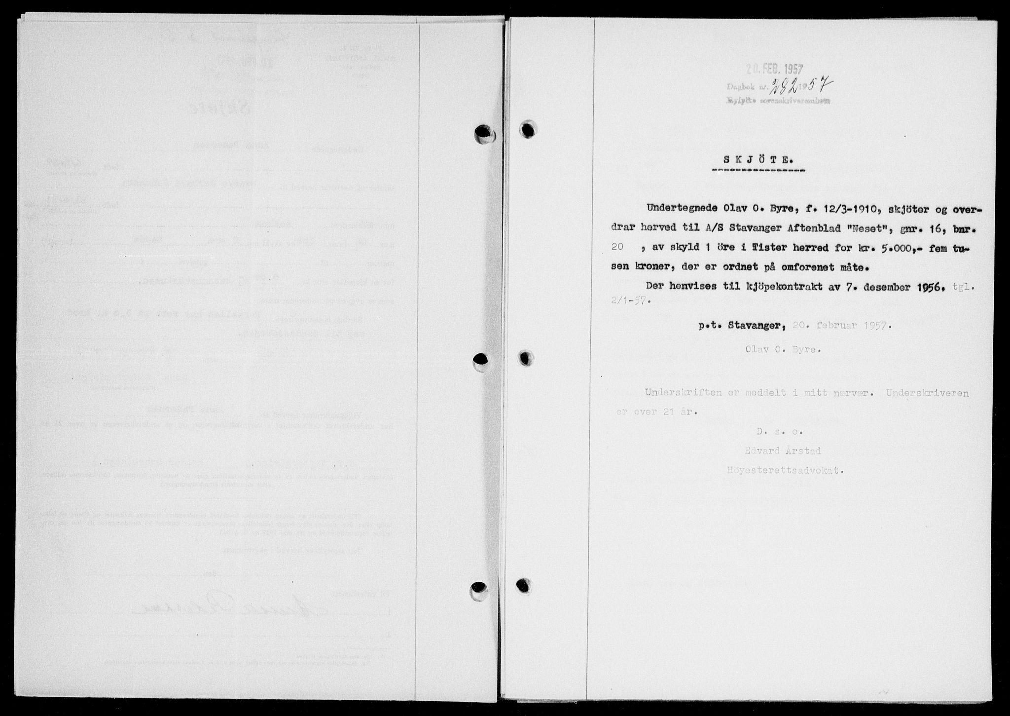 Ryfylke tingrett, SAST/A-100055/001/II/IIB/L0135: Mortgage book no. 114, 1956-1957, Diary no: : 282/1957