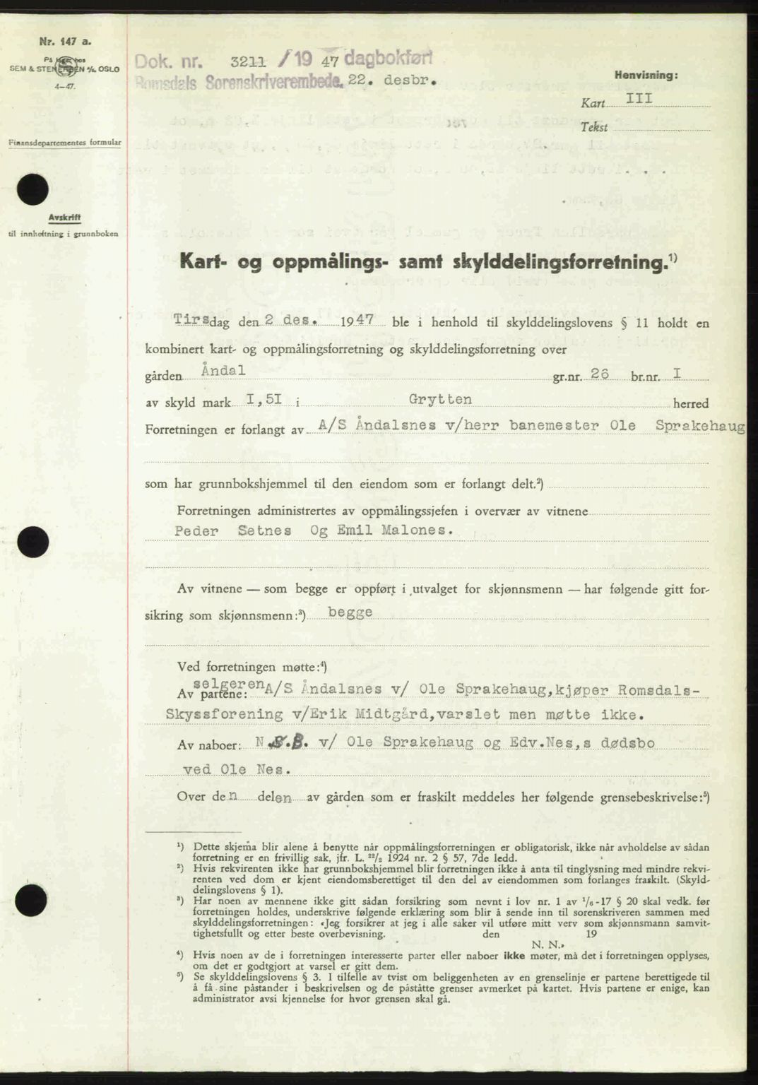 Romsdal sorenskriveri, SAT/A-4149/1/2/2C: Mortgage book no. A24, 1947-1947, Diary no: : 3211/1947