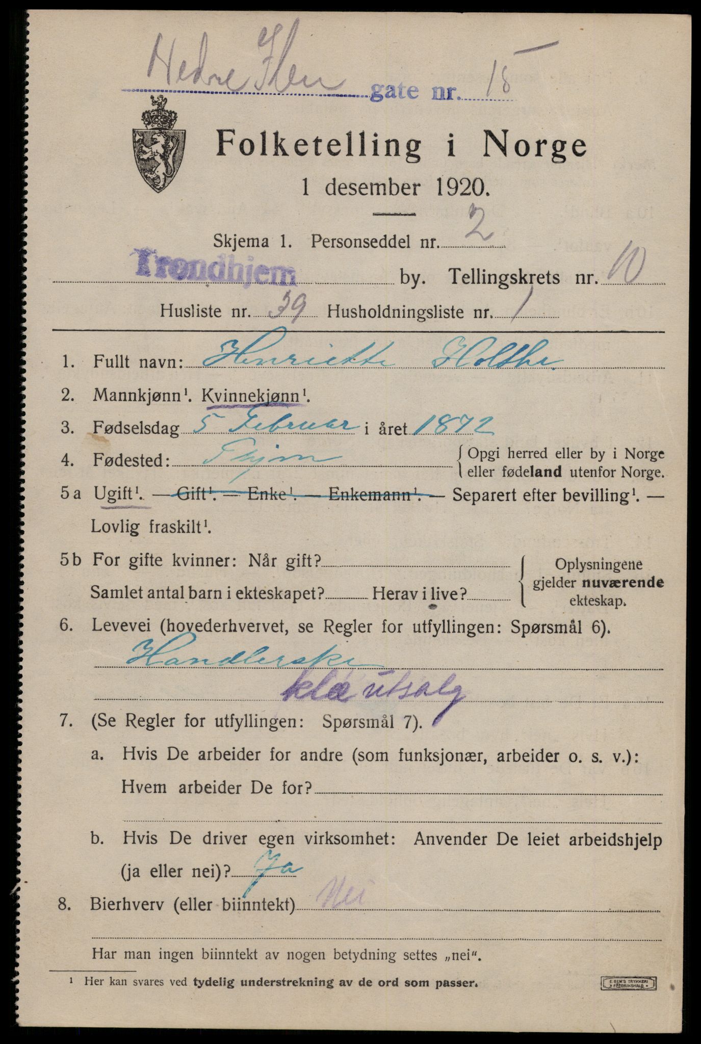 SAT, 1920 census for Trondheim, 1920, p. 45888