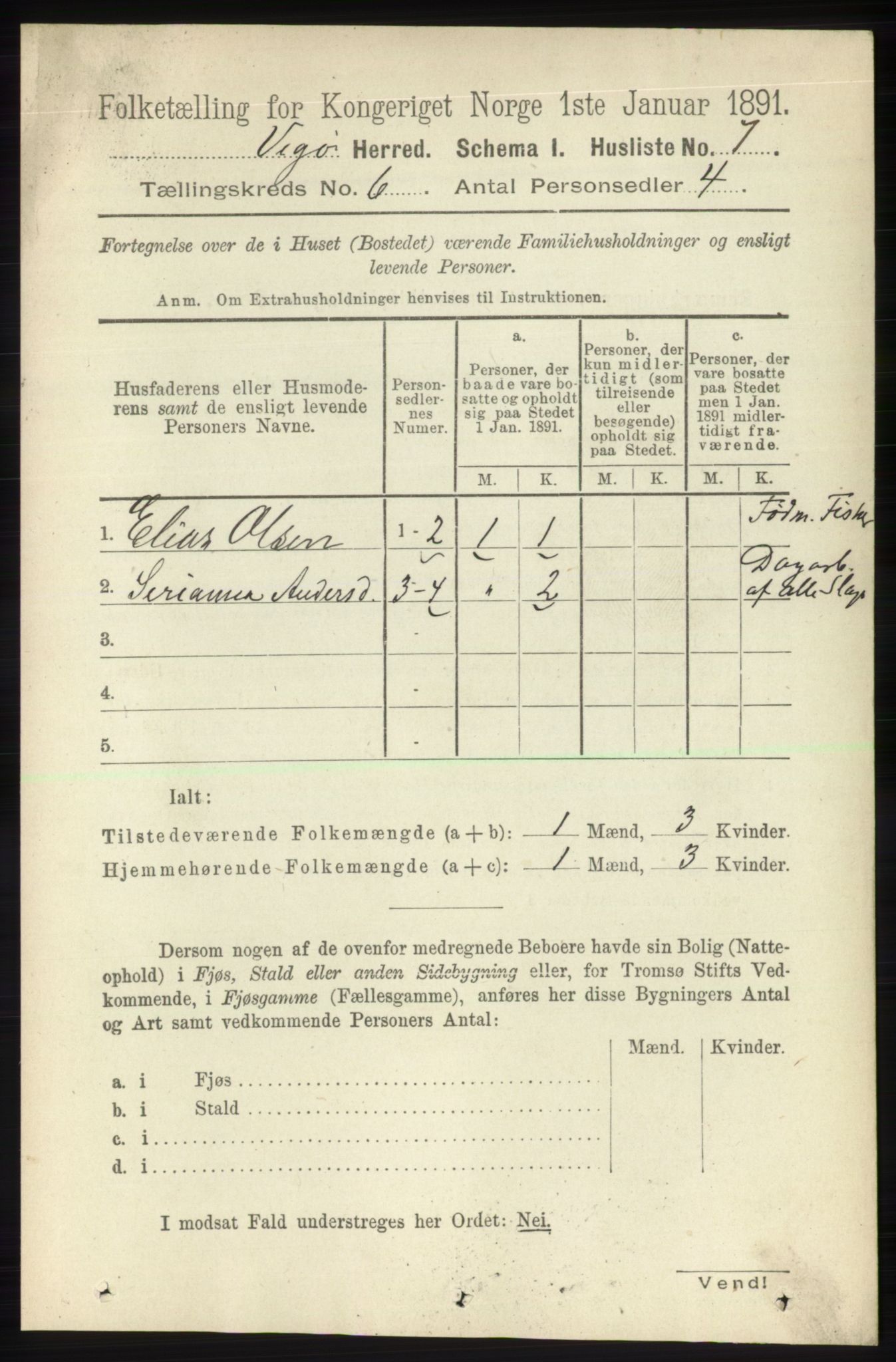 RA, 1891 census for 1815 Vega, 1891, p. 2530