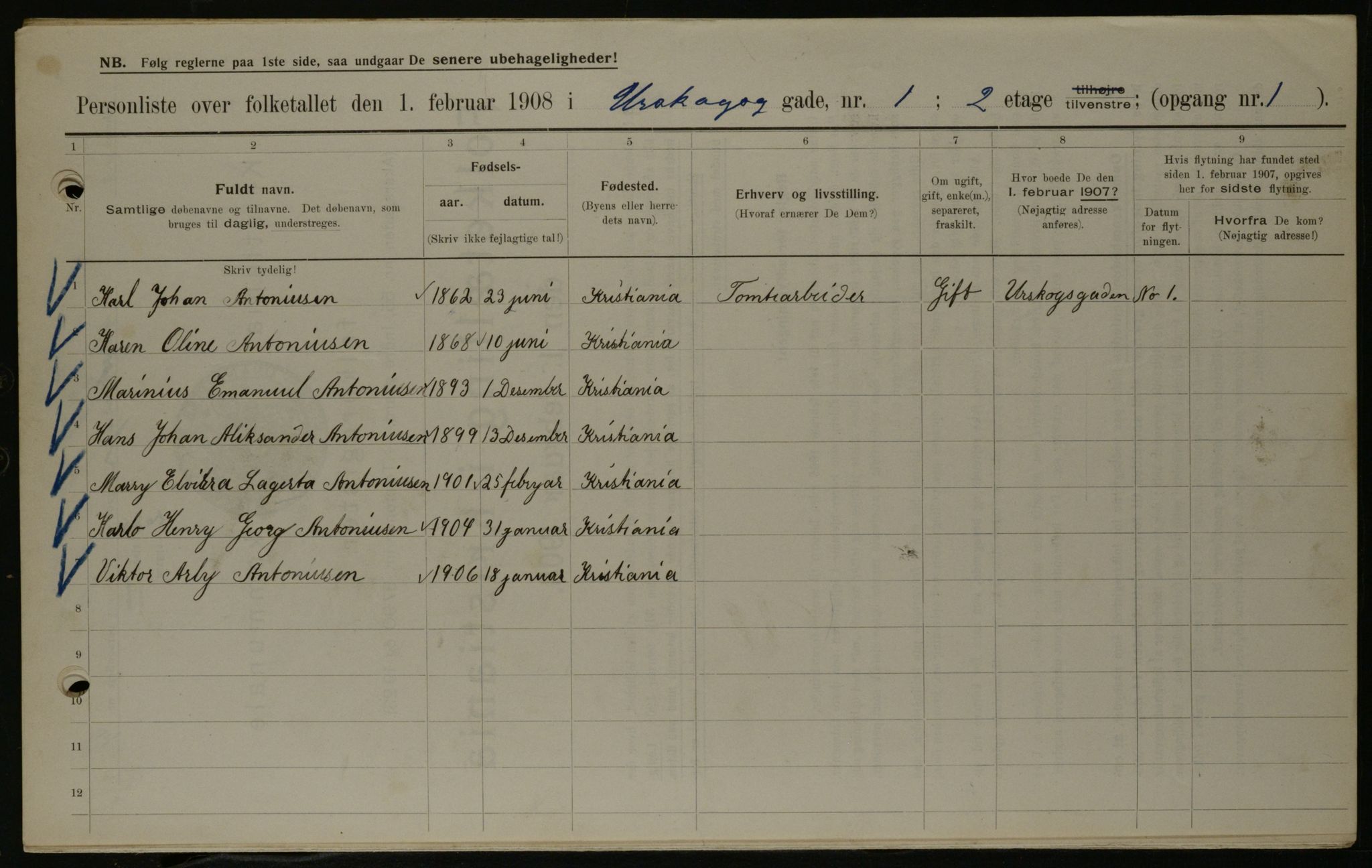 OBA, Municipal Census 1908 for Kristiania, 1908, p. 2636