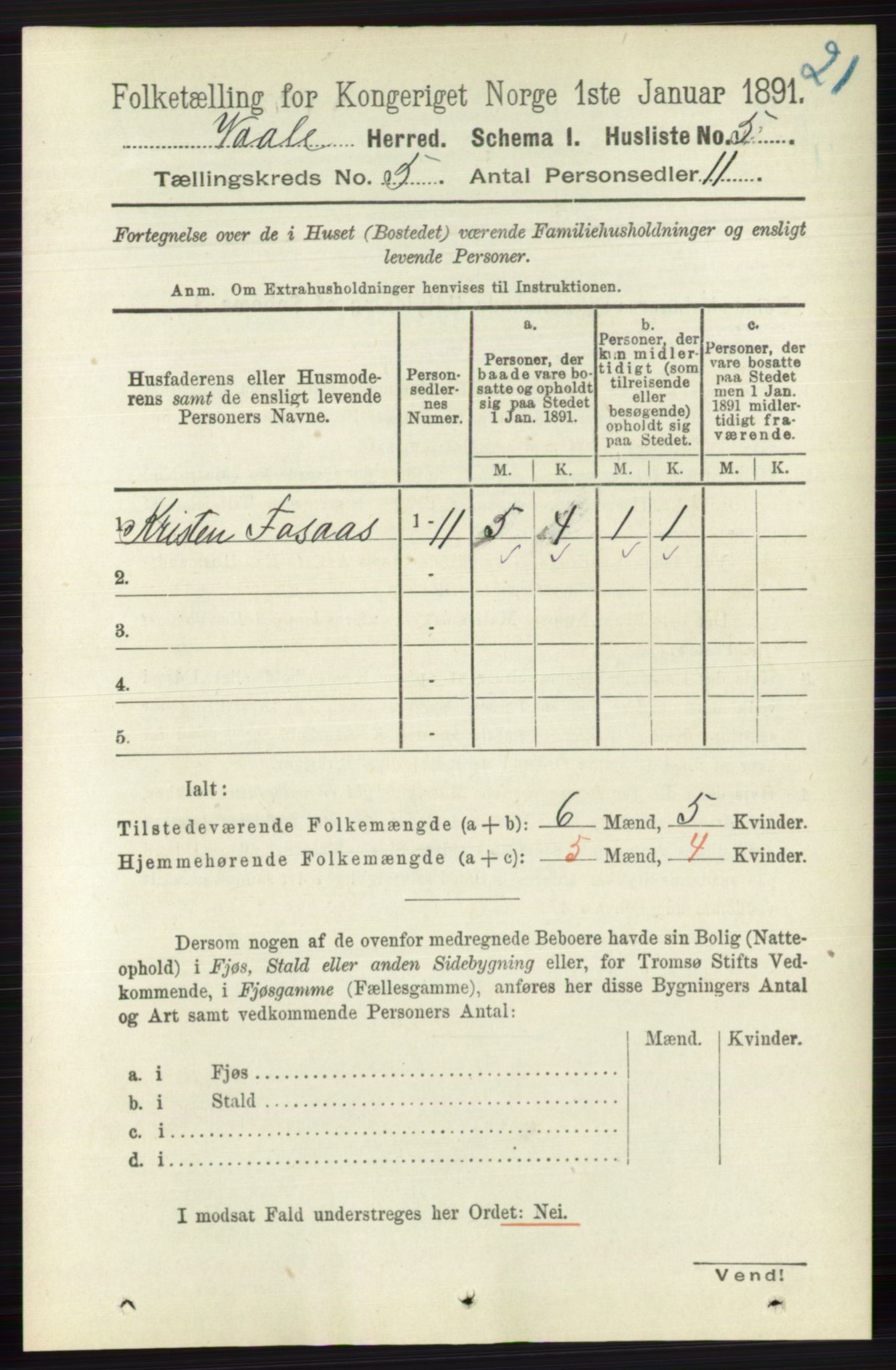 RA, 1891 census for 0716 Våle, 1891, p. 1304