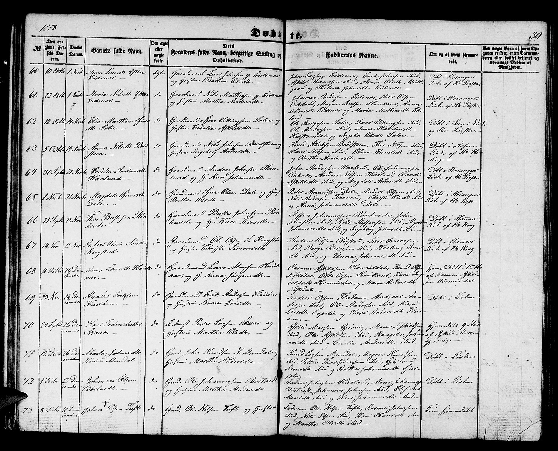 Hamre sokneprestembete, SAB/A-75501/H/Ha/Hab: Parish register (copy) no. B 1, 1852-1863, p. 39