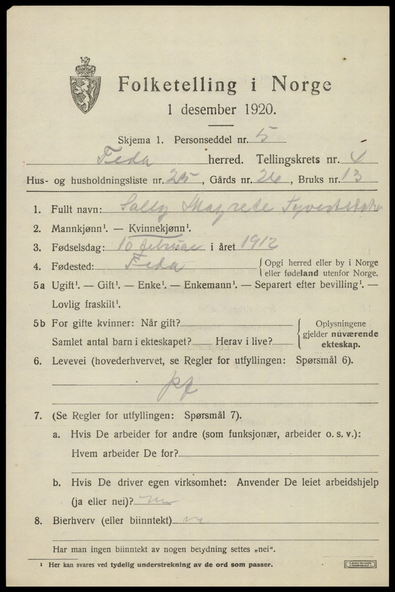 SAK, 1920 census for Feda, 1920, p. 2039