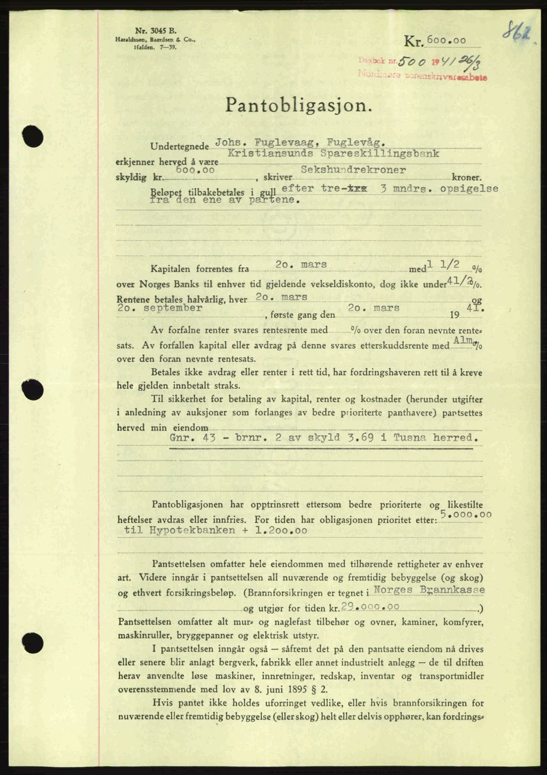 Nordmøre sorenskriveri, AV/SAT-A-4132/1/2/2Ca: Mortgage book no. B87, 1940-1941, Diary no: : 500/1941