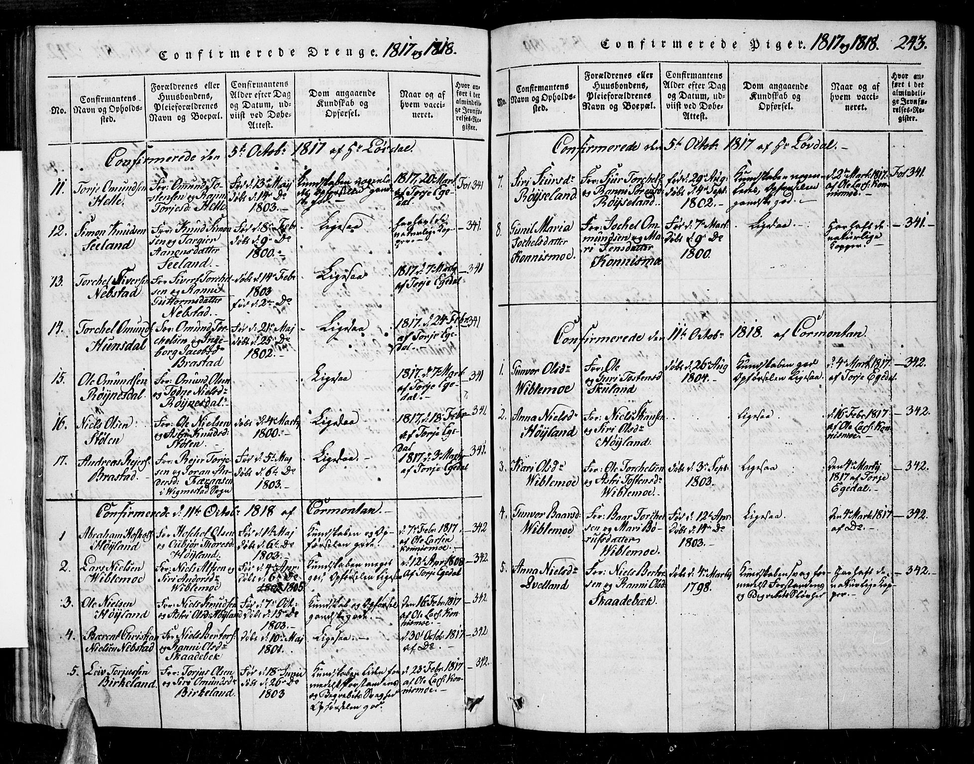 Nord-Audnedal sokneprestkontor, SAK/1111-0032/F/Fa/Faa/L0001: Parish register (official) no. A 1, 1815-1856, p. 243