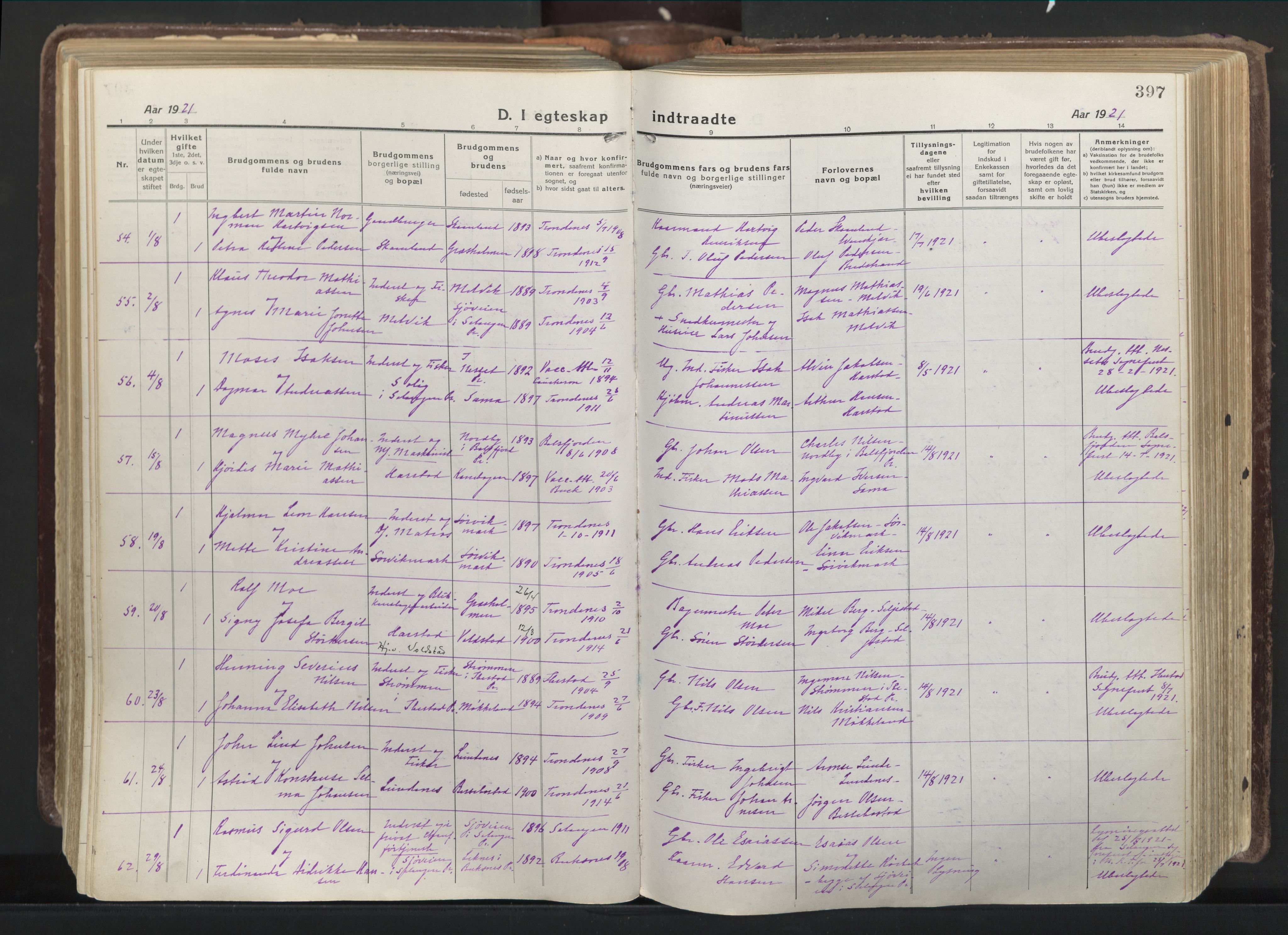 Trondenes sokneprestkontor, SATØ/S-1319/H/Ha/L0019kirke: Parish register (official) no. 19, 1919-1928, p. 397