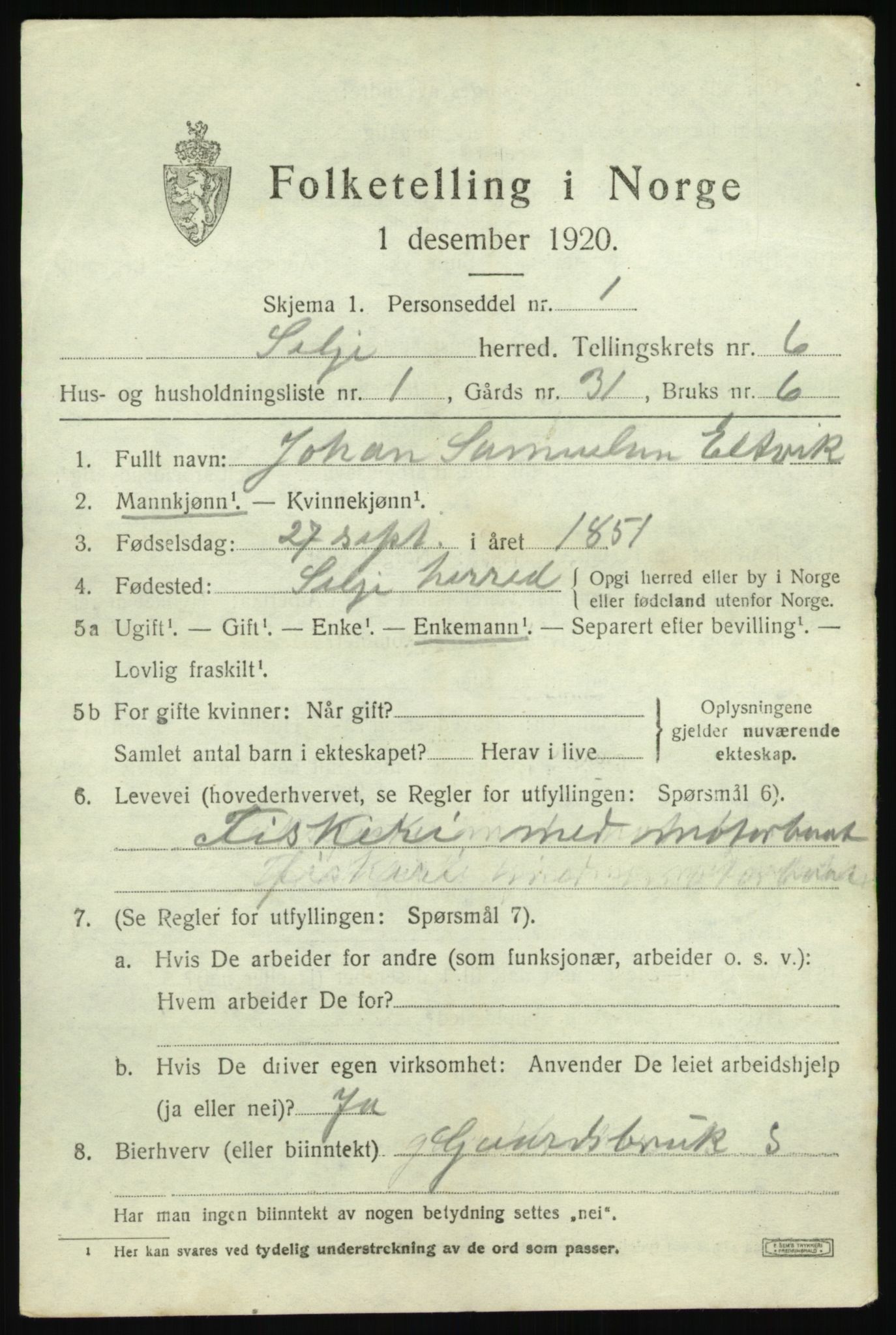 SAB, 1920 census for Selje, 1920, p. 3363