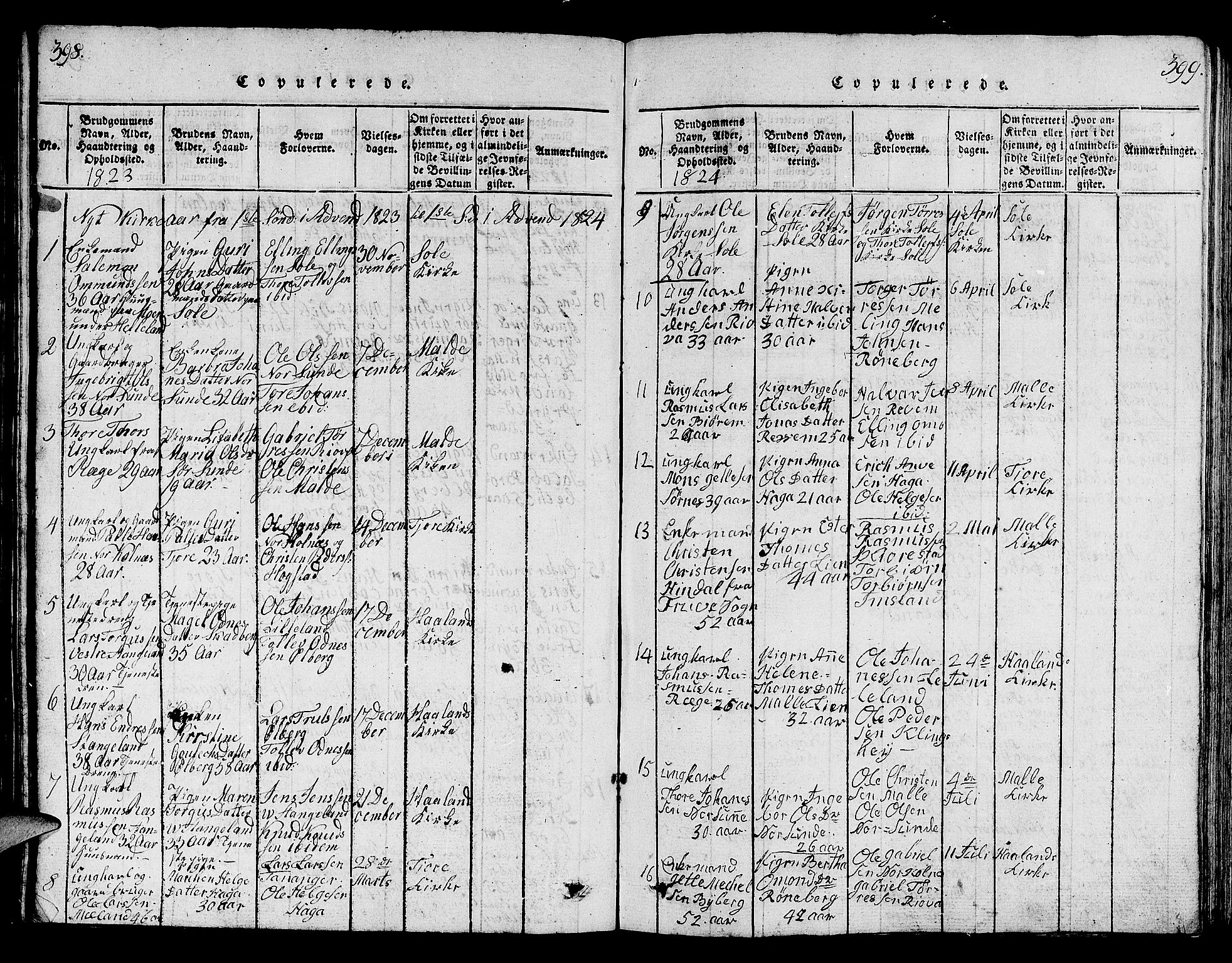 Håland sokneprestkontor, SAST/A-101802/001/30BB/L0001: Parish register (copy) no. B 1, 1815-1845, p. 398-399