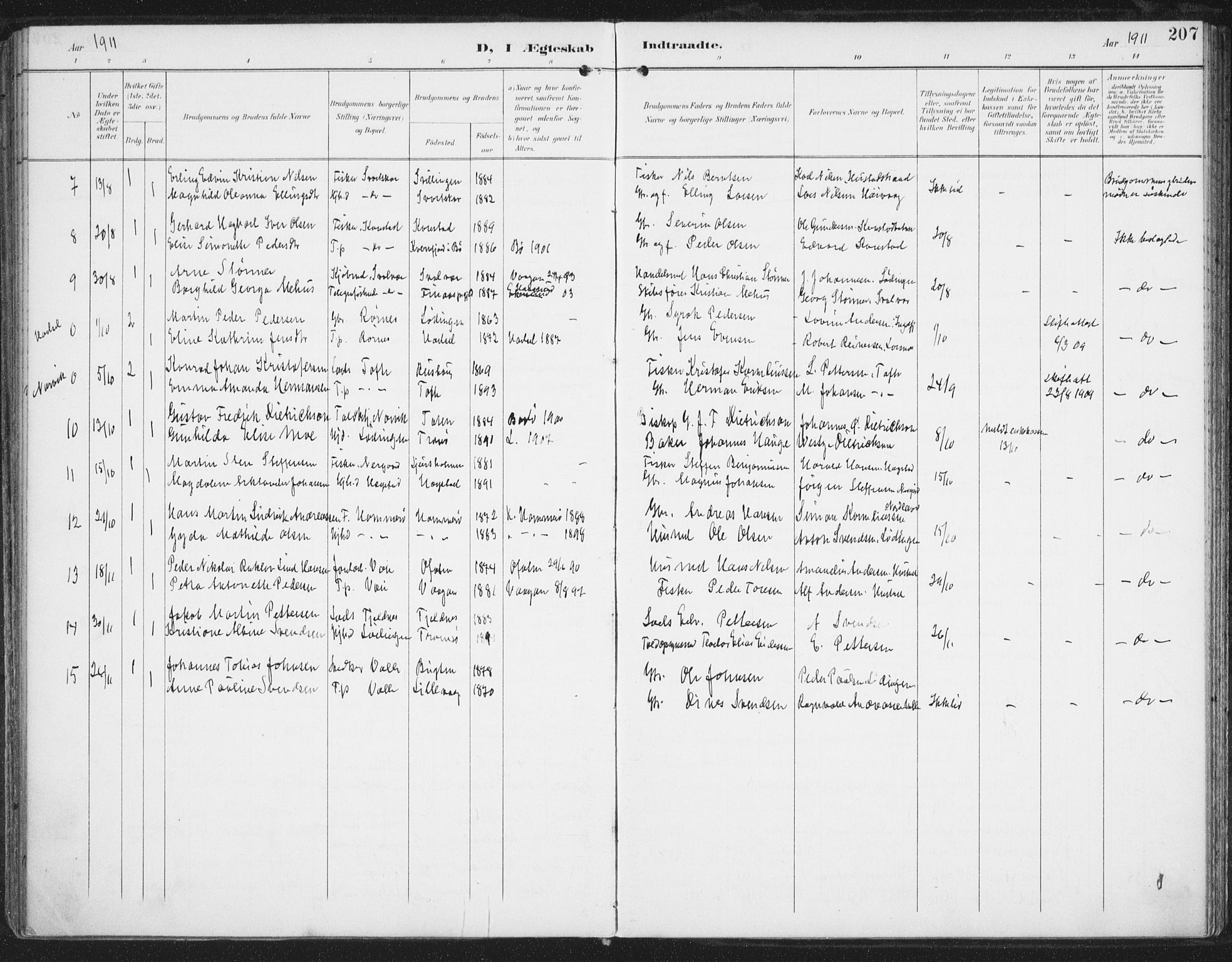 Ministerialprotokoller, klokkerbøker og fødselsregistre - Nordland, SAT/A-1459/872/L1036: Parish register (official) no. 872A11, 1897-1913, p. 207