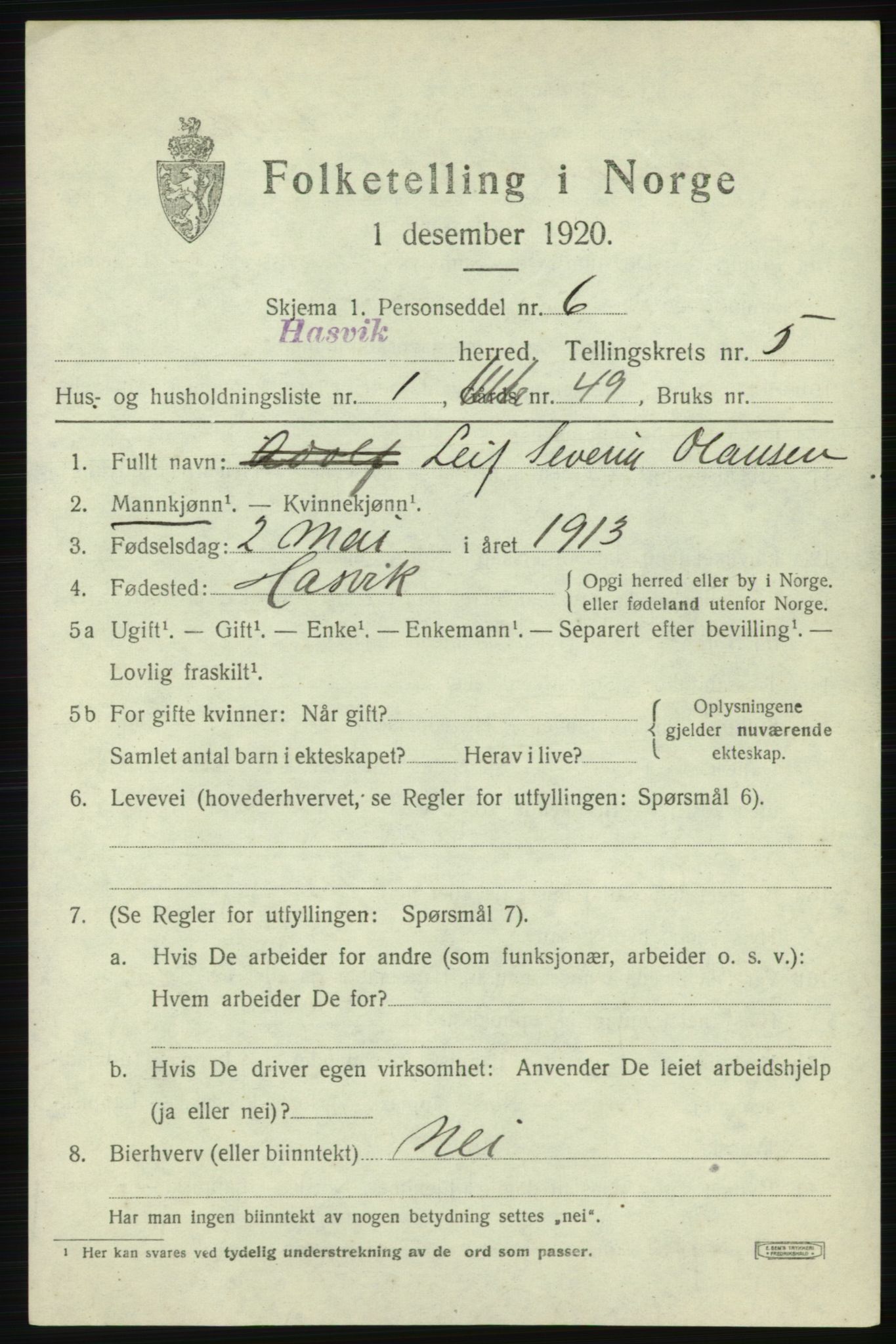 SATØ, 1920 census for Hasvik, 1920, p. 2317