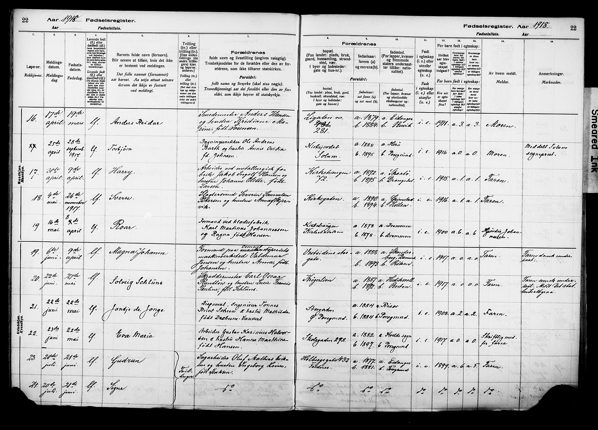 Porsgrunn kirkebøker , AV/SAKO-A-104/J/Ja/L0001: Birth register no. 1, 1916-1929, p. 22