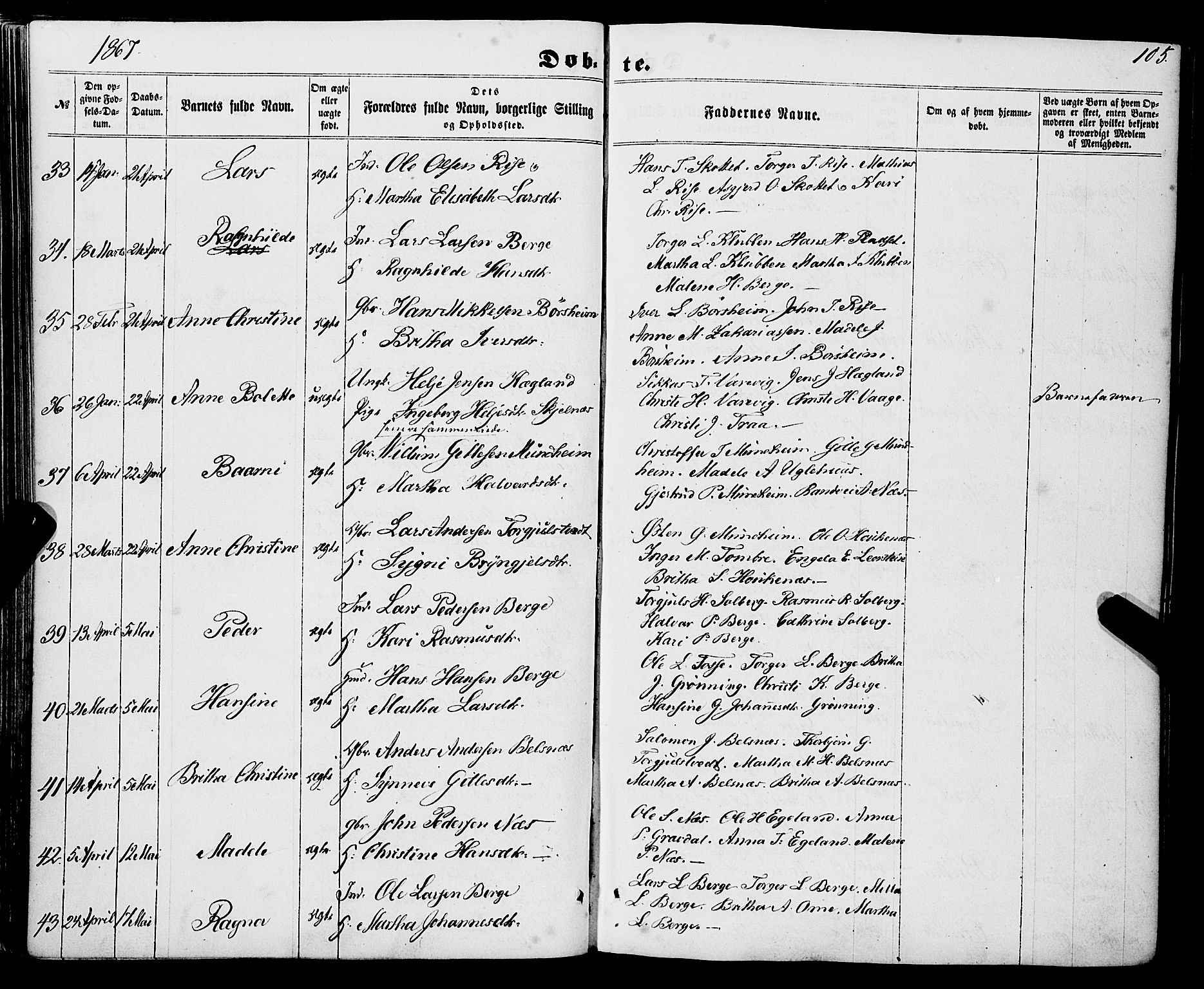 Strandebarm sokneprestembete, AV/SAB-A-78401/H/Haa: Parish register (official) no. A 8, 1858-1872, p. 105