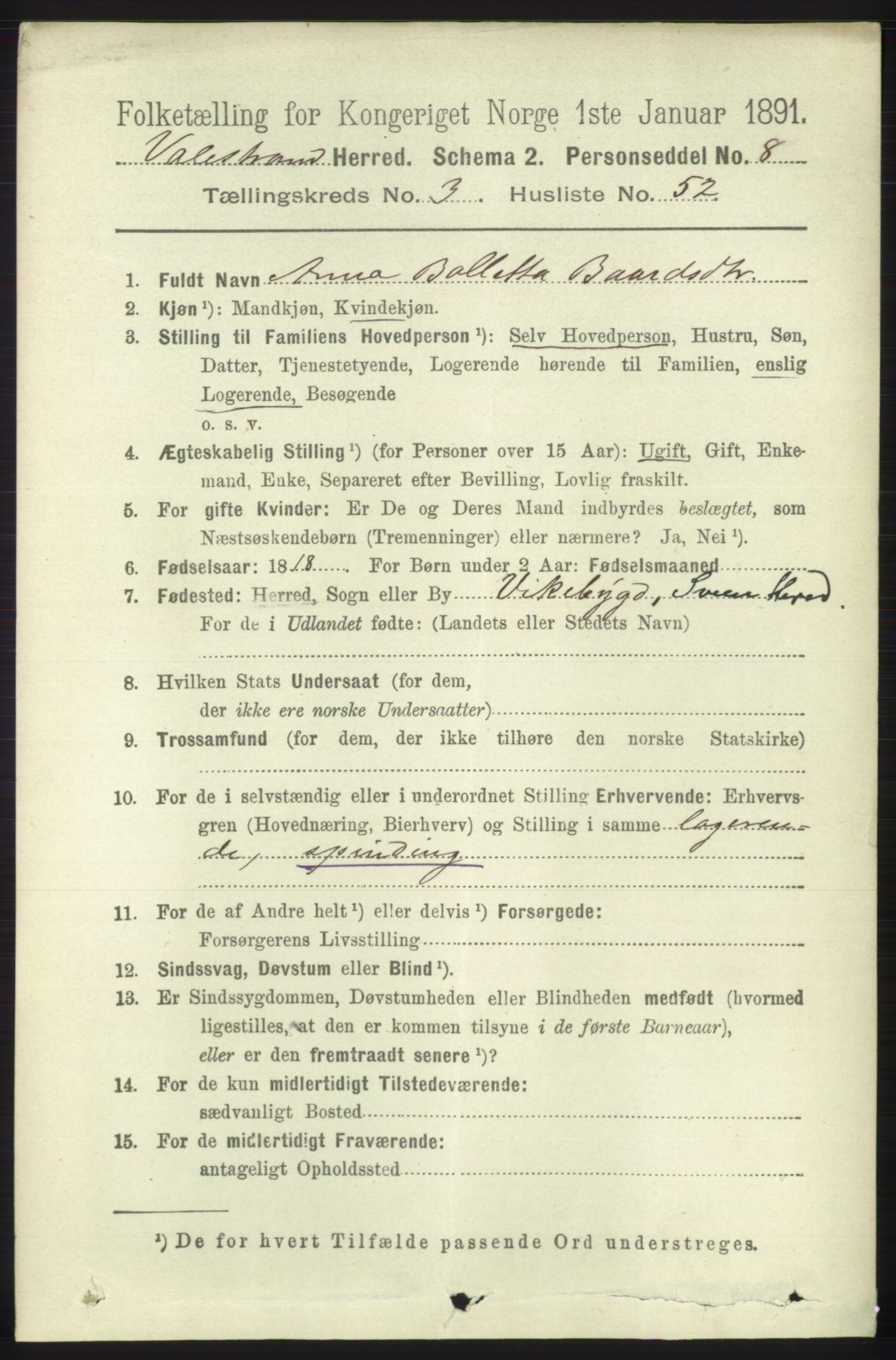 RA, 1891 census for 1217 Valestrand, 1891, p. 829