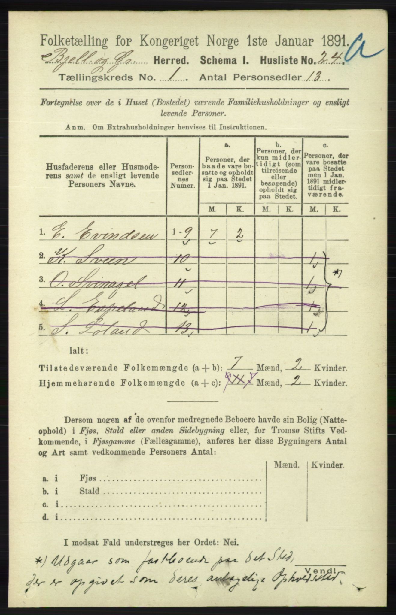 RA, 1891 census for 1024 Bjelland og Grindheim, 1891, p. 46