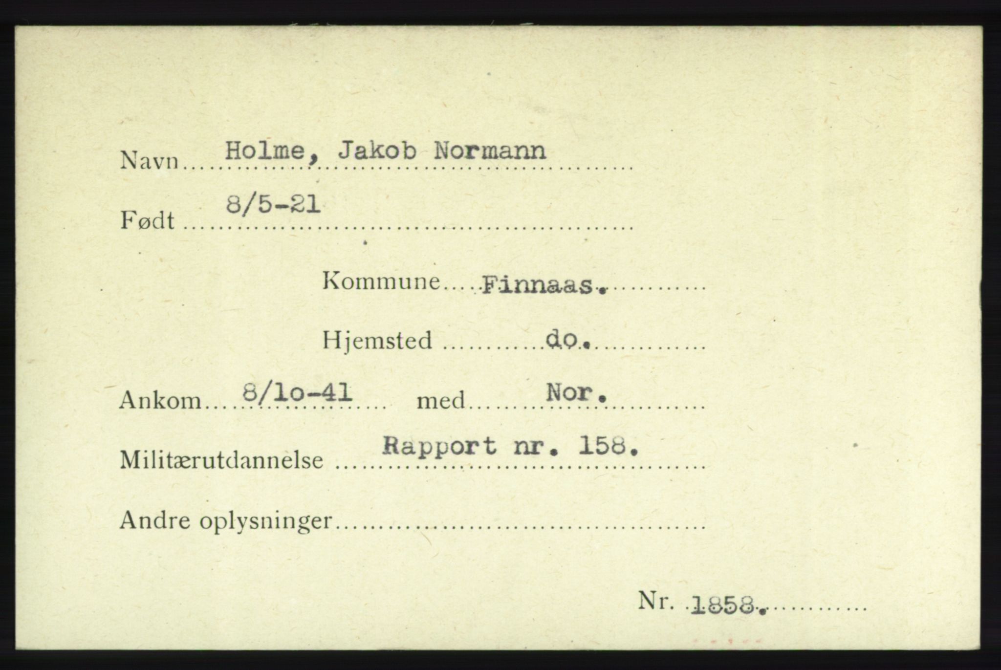 Forsvarets Overkommando. 2. kontor. Arkiv 8.1. Mottakersentralen FDE og FO.II, RA/RAFA-6952/P/Pa/L0009: Holme - Jensrud , 1940-1945, p. 1