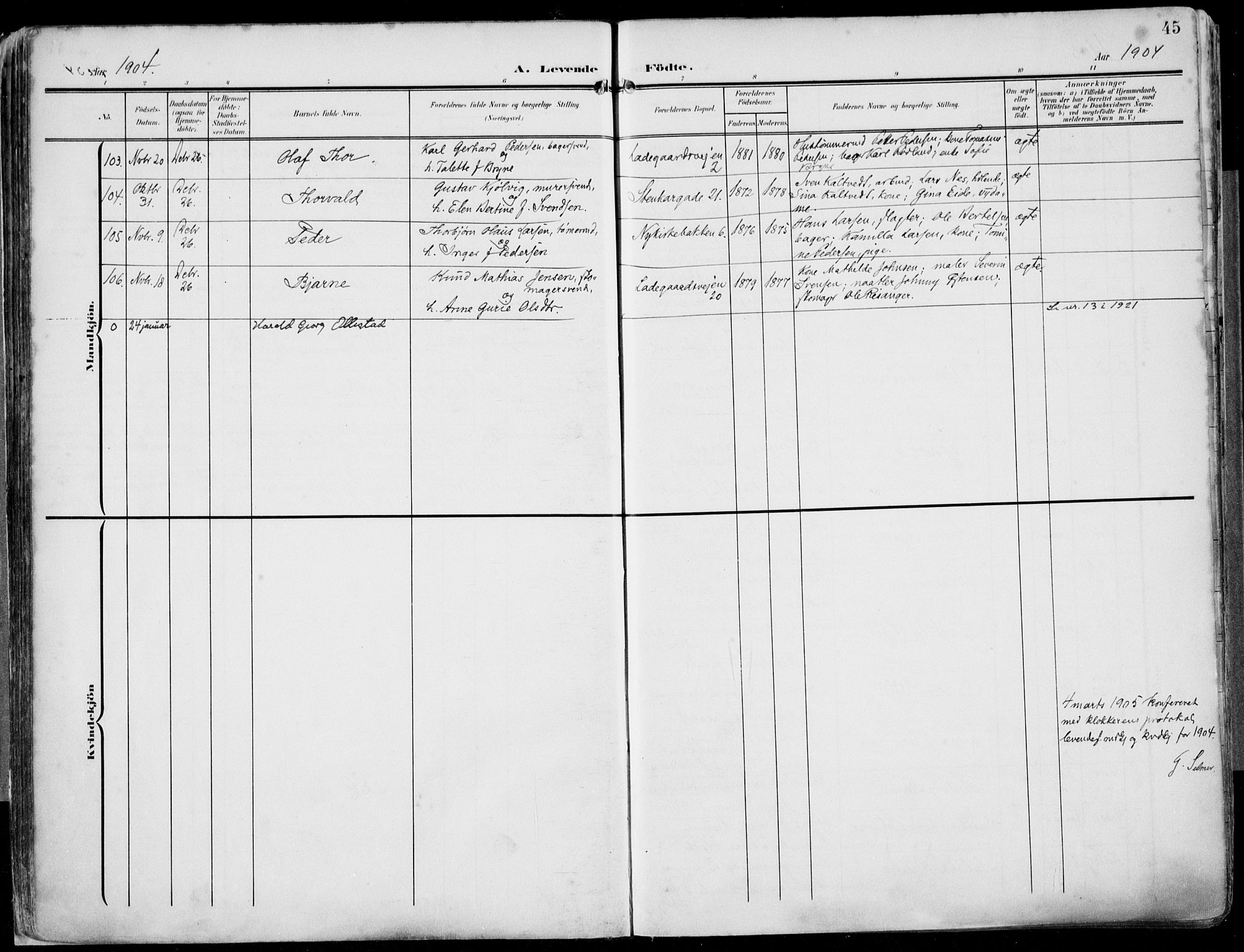 St. Petri sokneprestkontor, AV/SAST-A-101813/002/A/L0005: Parish register (official) no. A 23, 1902-1918, p. 45