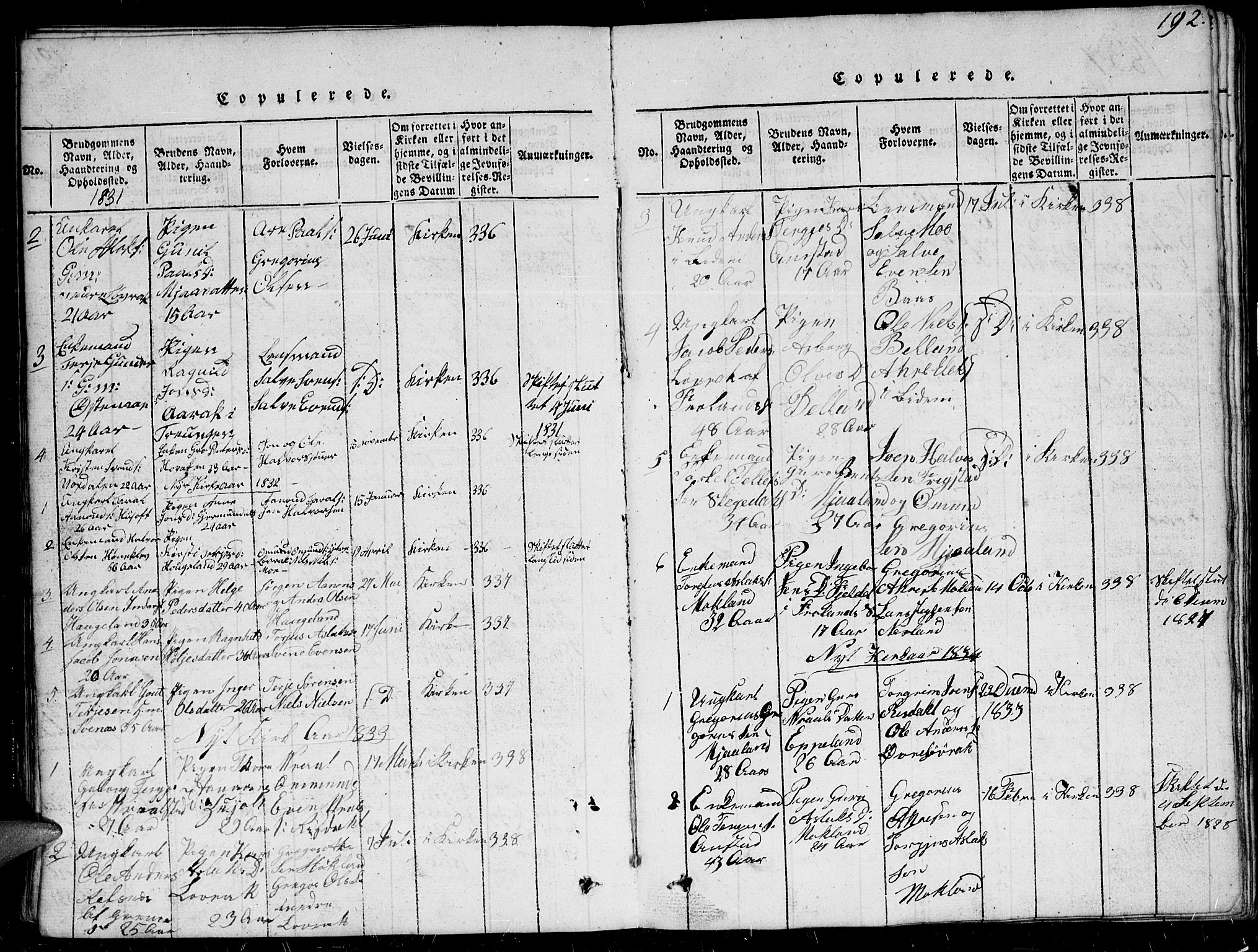 Herefoss sokneprestkontor, SAK/1111-0019/F/Fb/Fbc/L0001: Parish register (copy) no. B 1, 1816-1866, p. 192