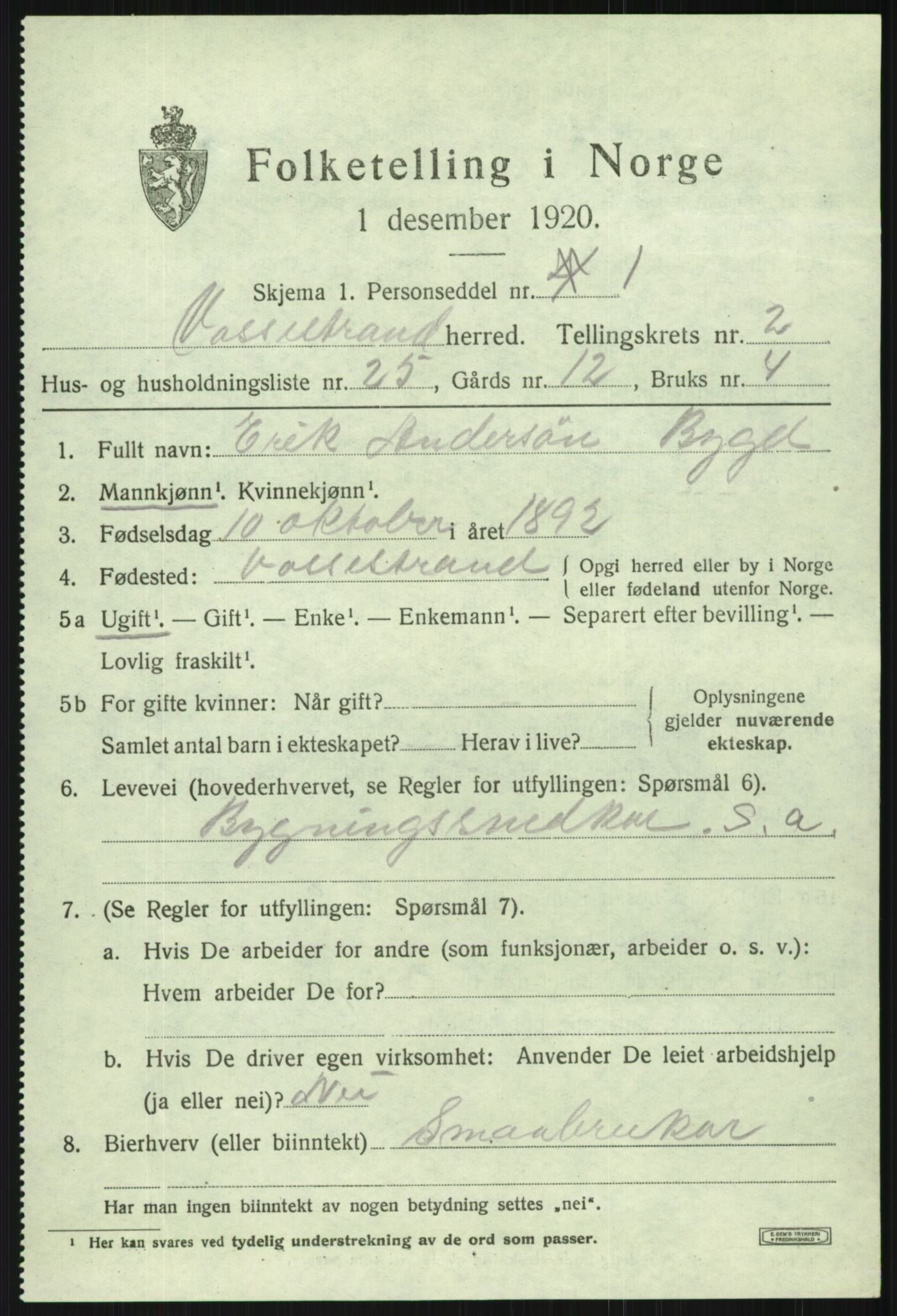 SAB, 1920 census for Vossestrand, 1920, p. 1432