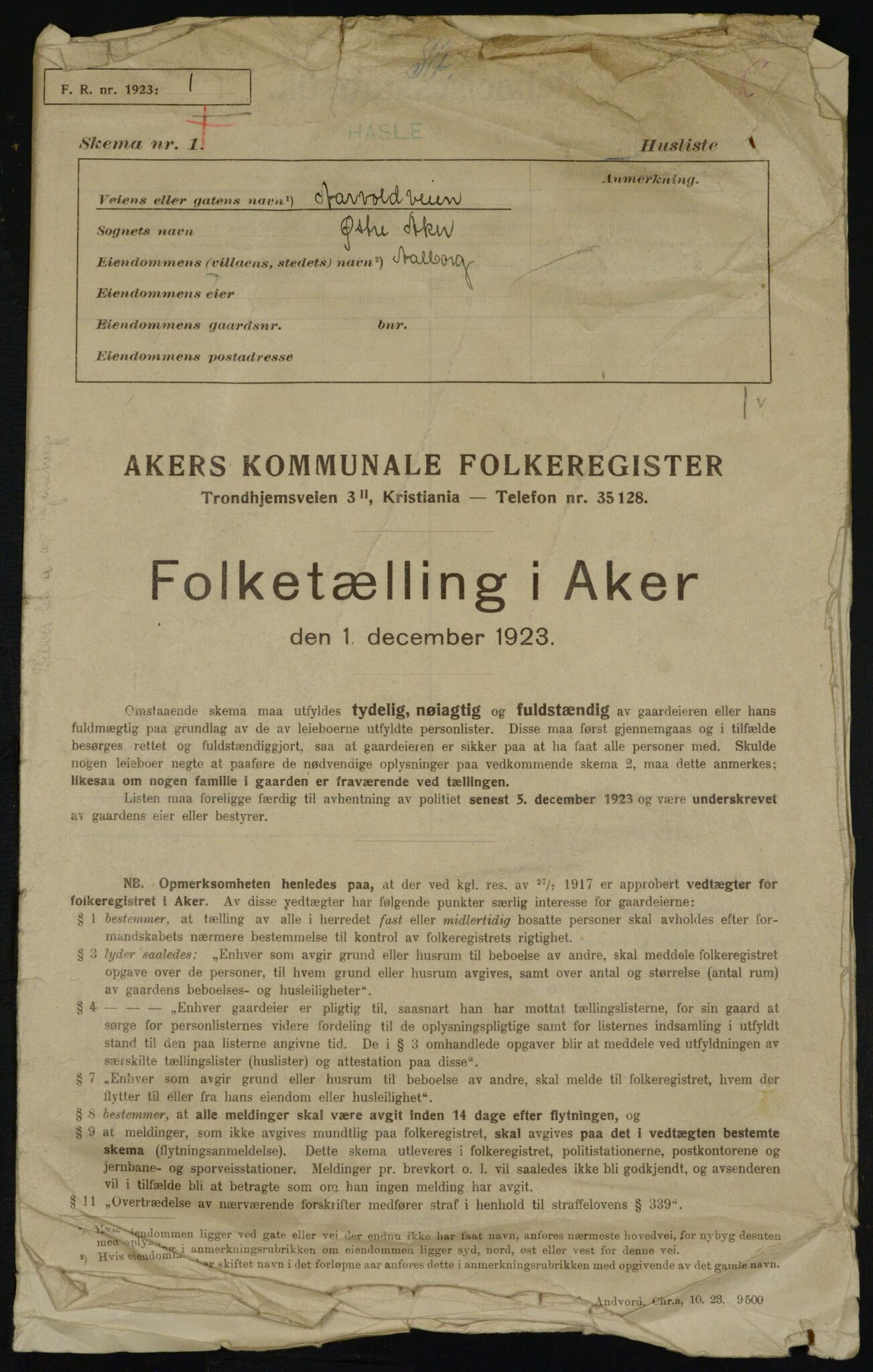 , Municipal Census 1923 for Aker, 1923, p. 22285