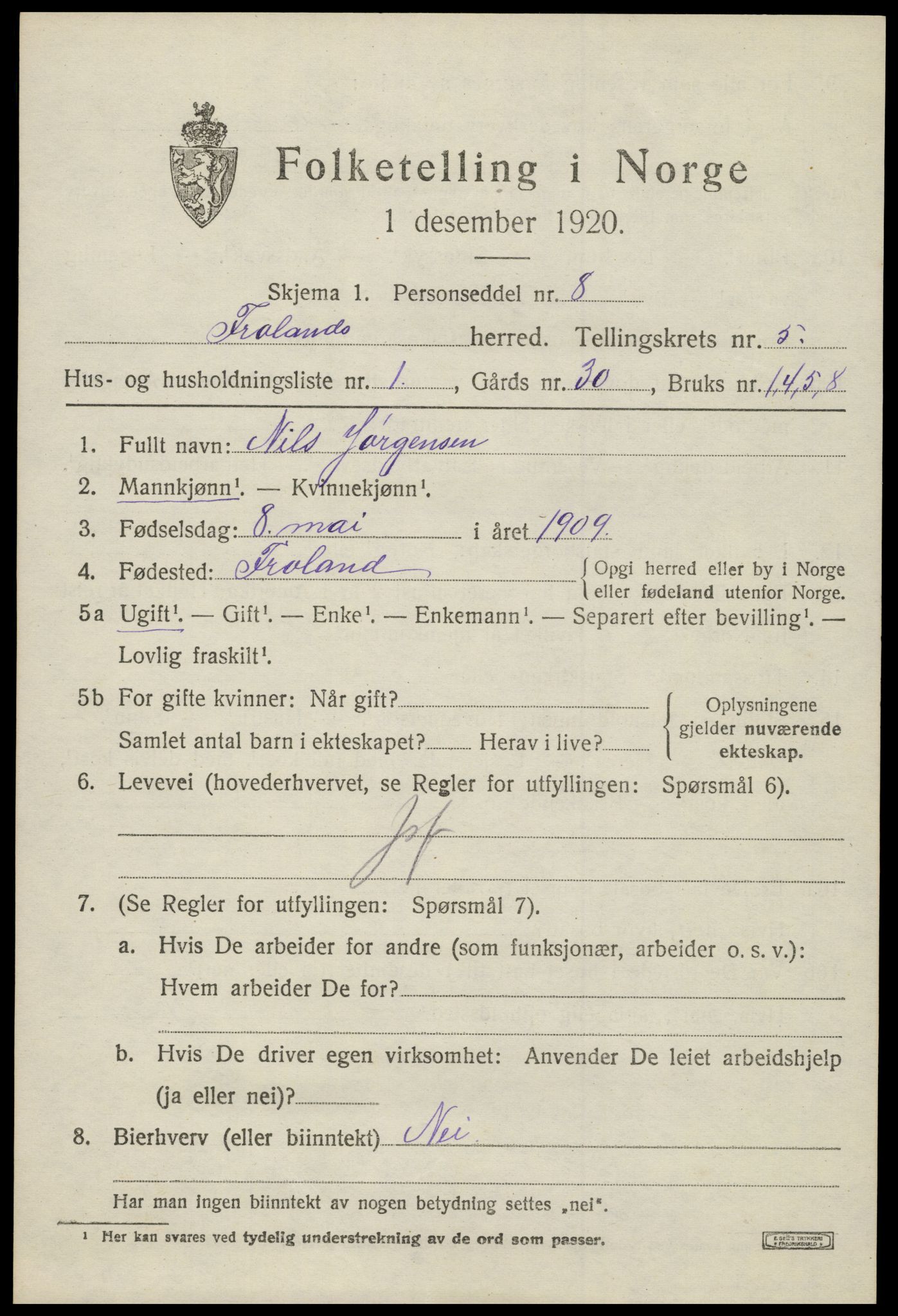 SAK, 1920 census for Froland, 1920, p. 3637