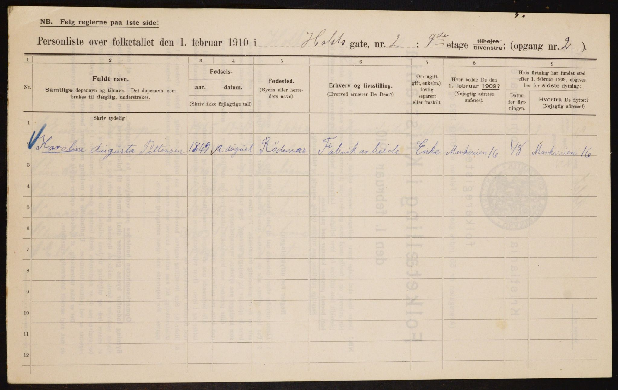 OBA, Municipal Census 1910 for Kristiania, 1910, p. 40118