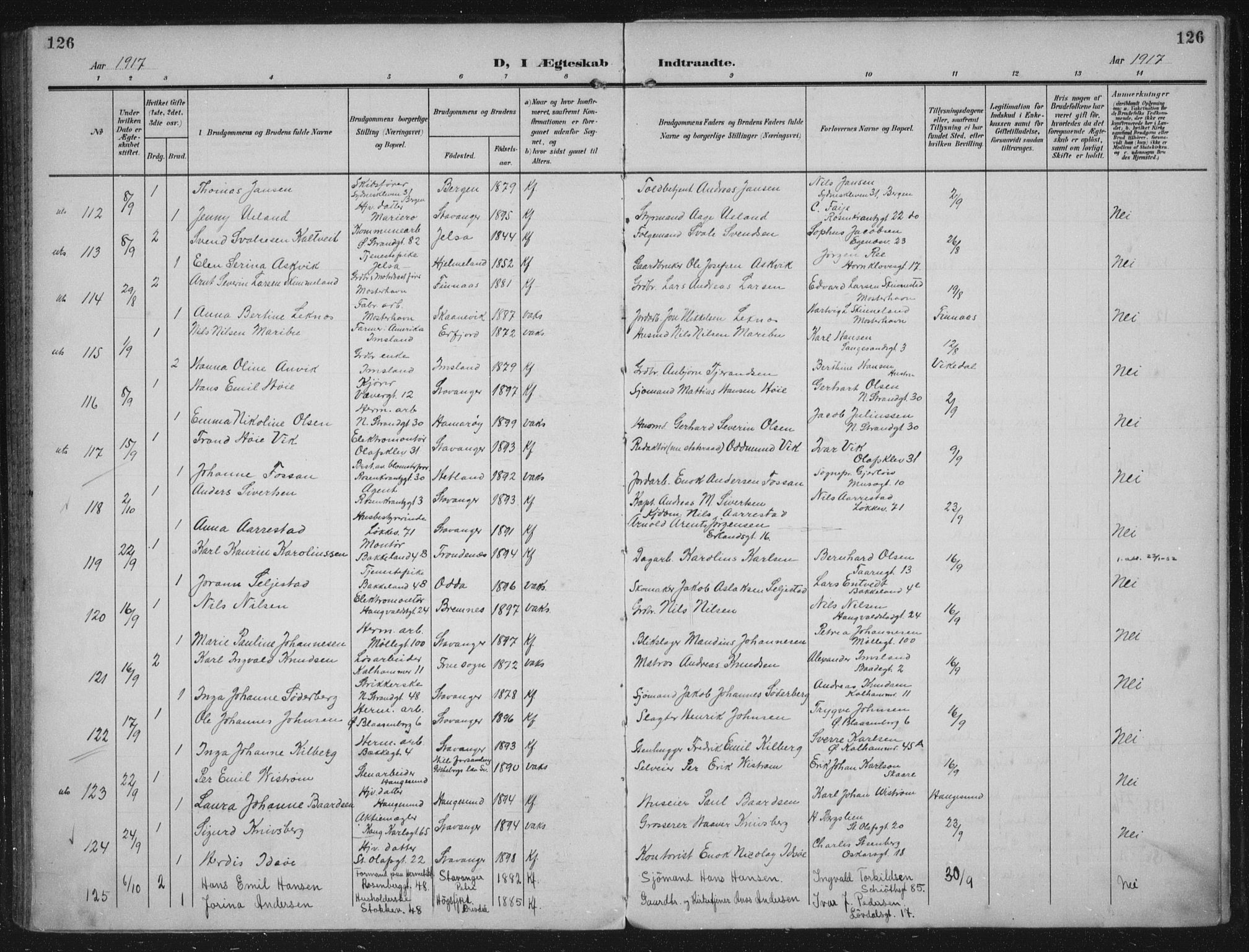 Domkirken sokneprestkontor, AV/SAST-A-101812/002/A/L0016: Parish register (official) no. A 33, 1905-1922, p. 126