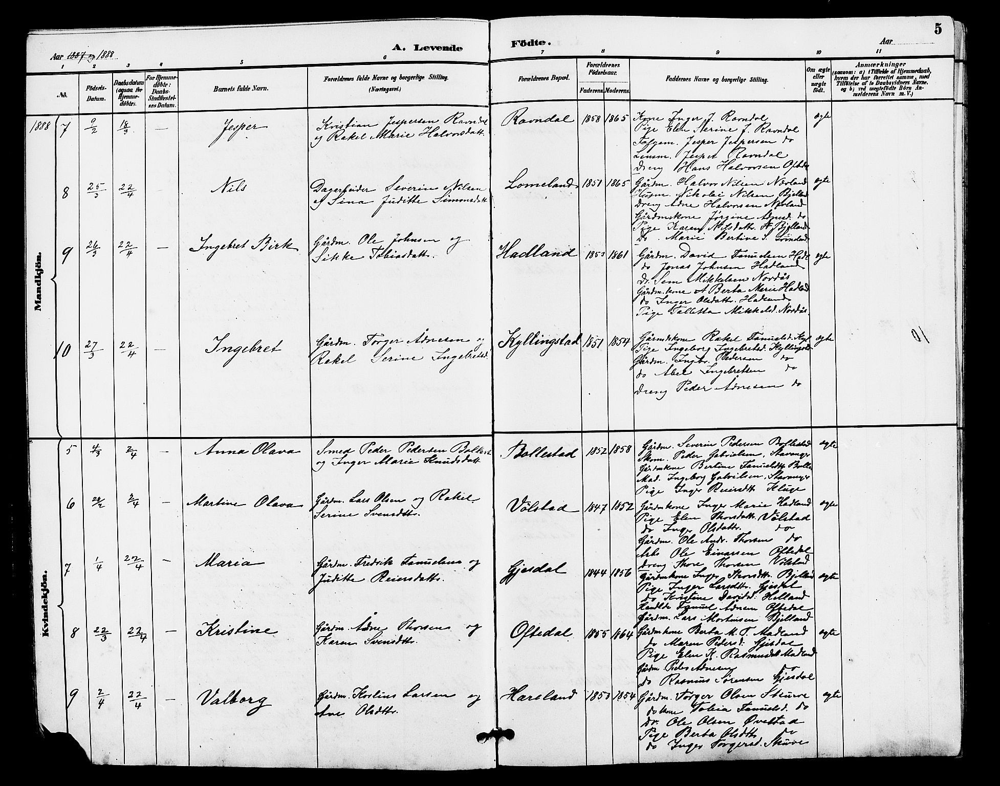 Lye sokneprestkontor, AV/SAST-A-101794/001/30BB/L0008: Parish register (copy) no. B 7, 1887-1901, p. 5