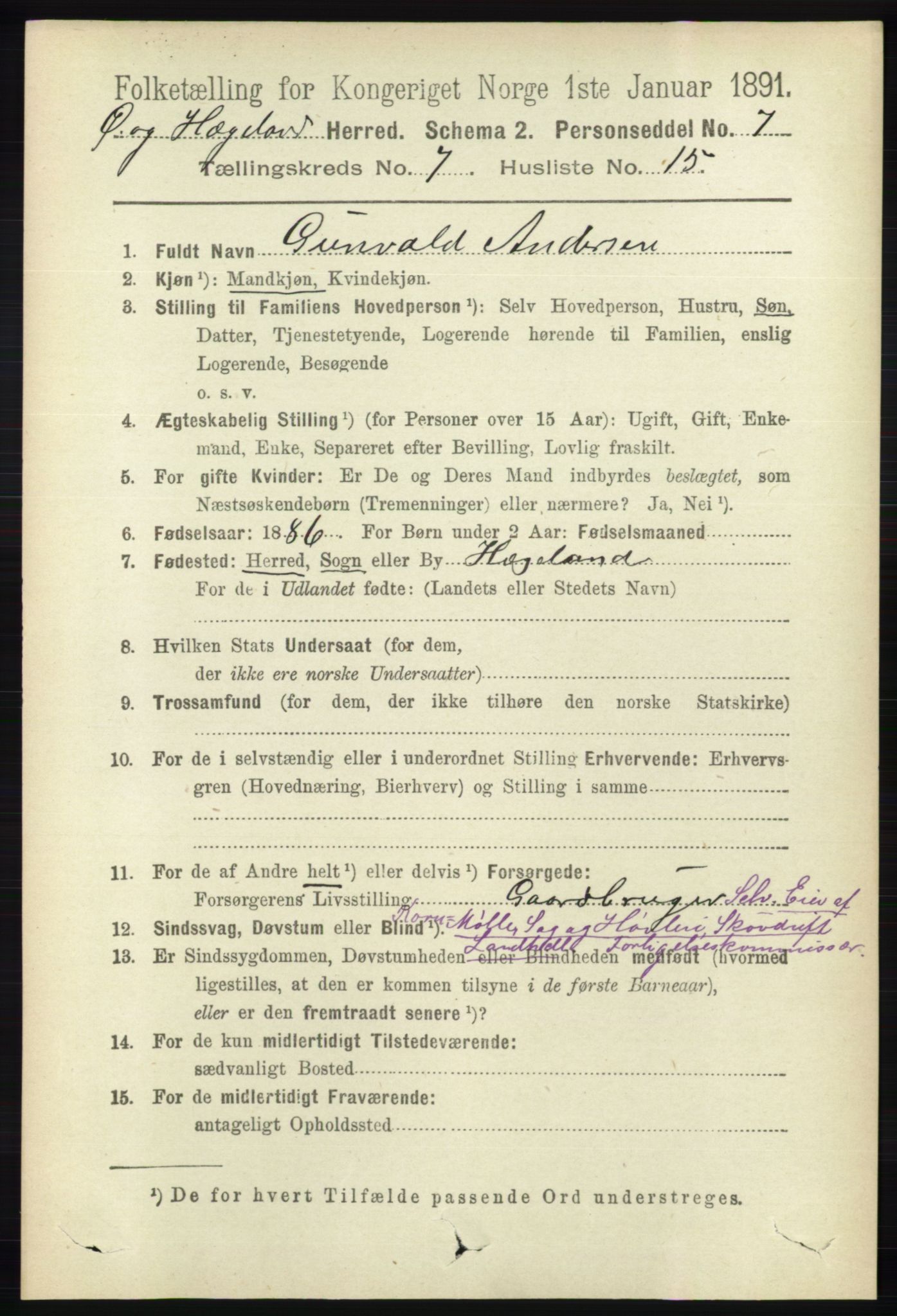 RA, 1891 census for 1016 Øvrebø og Hægeland, 1891, p. 1427