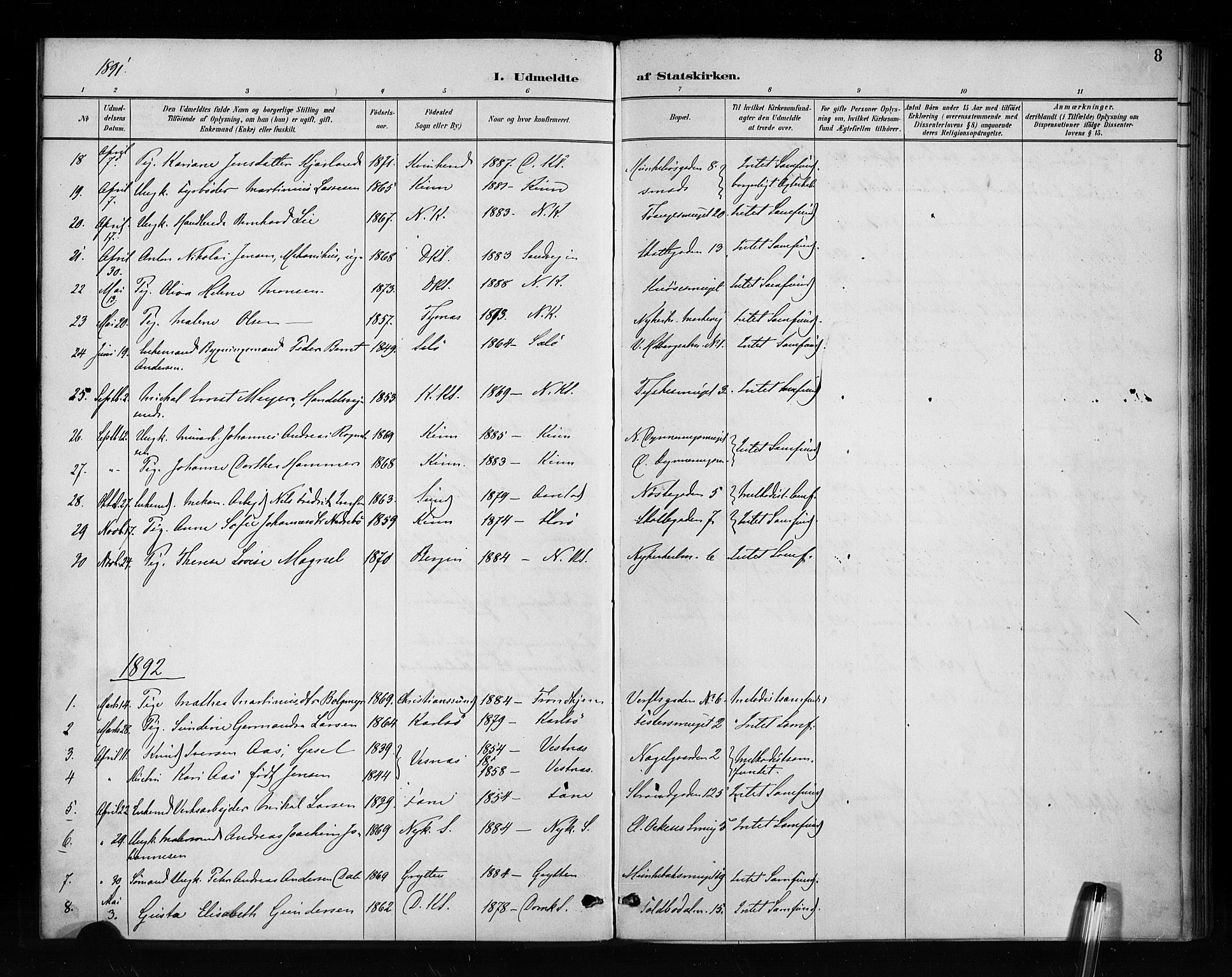 Nykirken Sokneprestembete, SAB/A-77101/H/Haa/L0053: Parish register (official) no. H 2, 1887-1897, p. 8