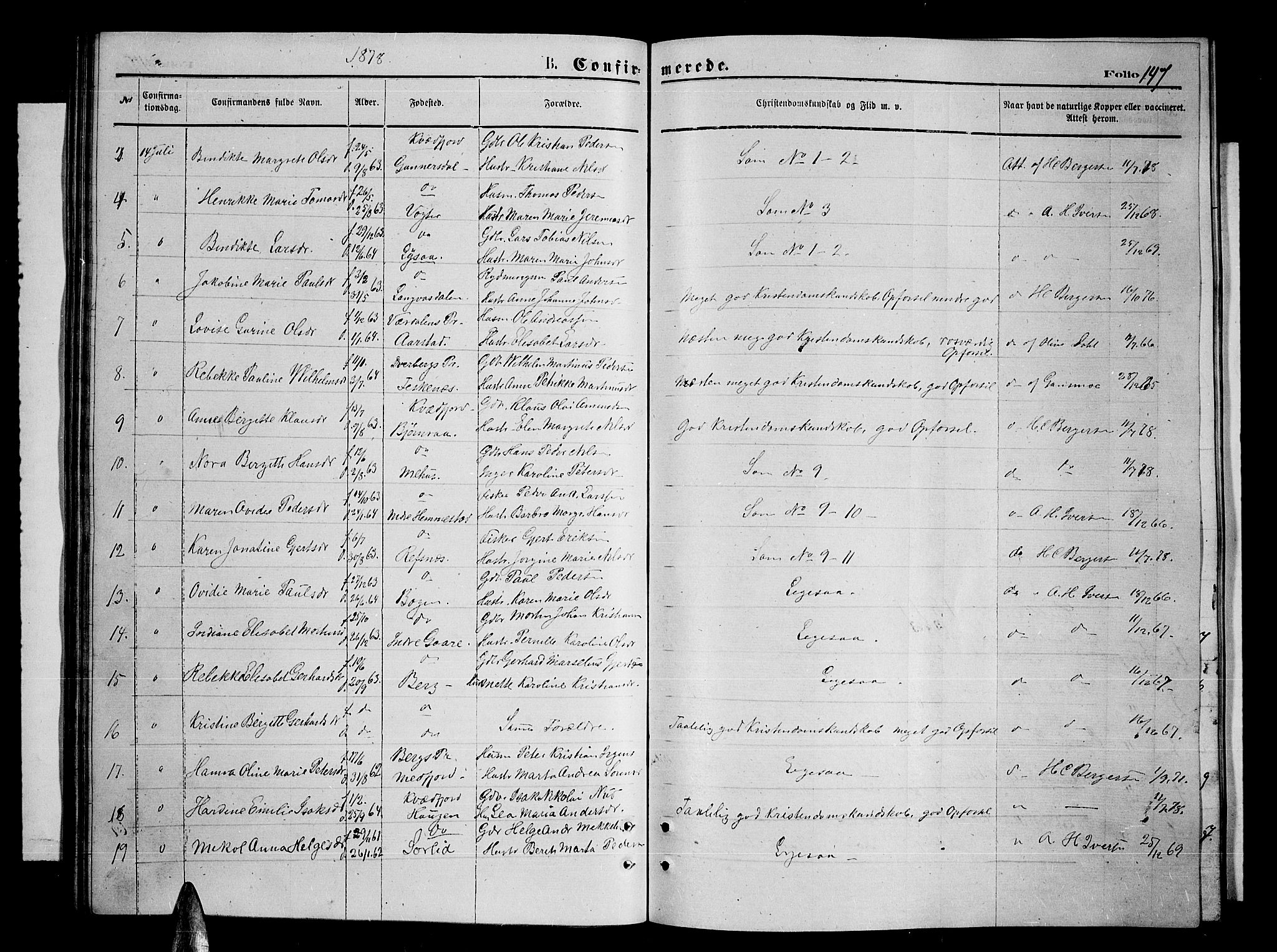 Kvæfjord sokneprestkontor, SATØ/S-1323/G/Ga/Gab/L0004klokker: Parish register (copy) no. 4, 1870-1886, p. 147