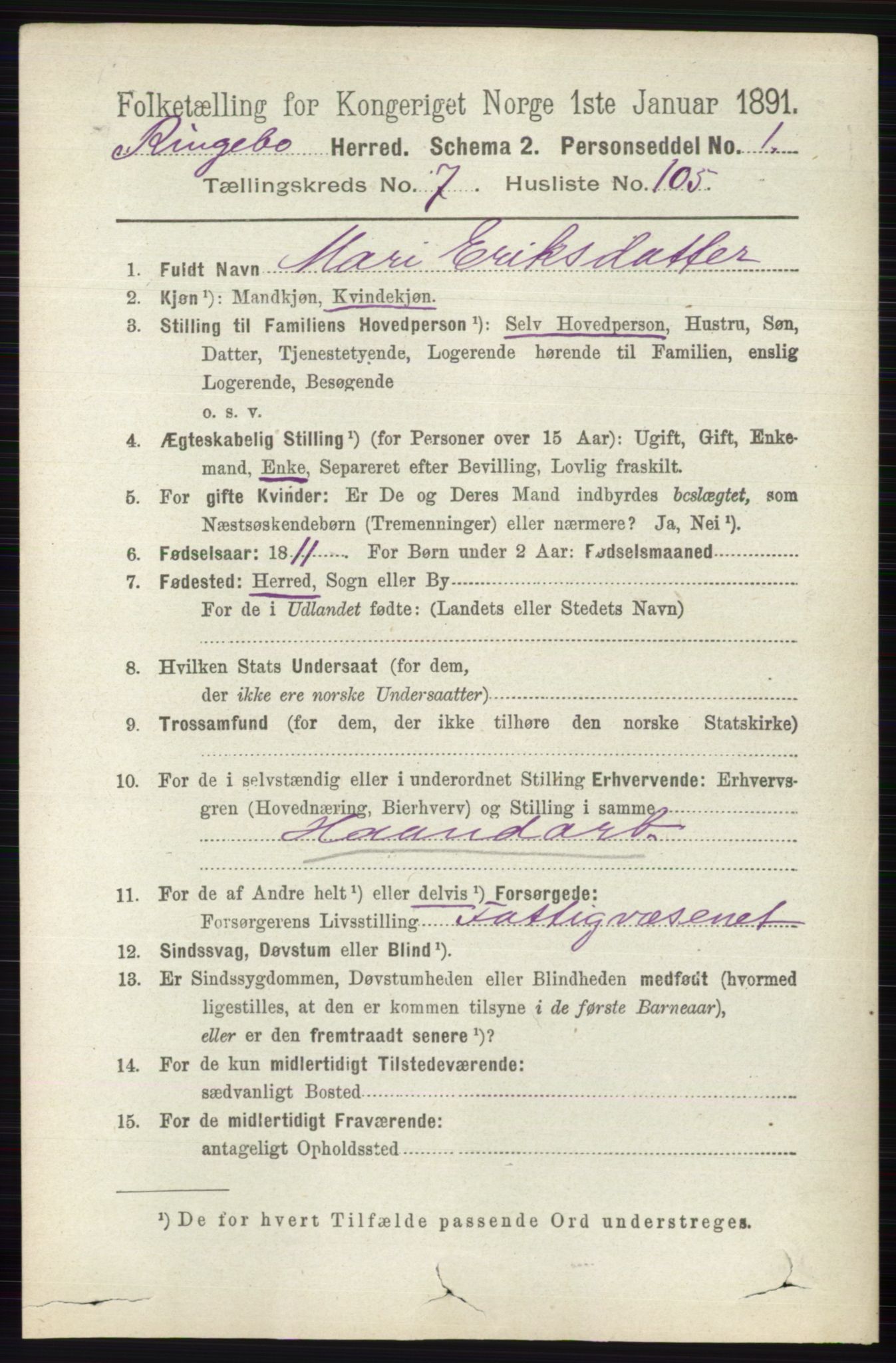 RA, 1891 census for 0520 Ringebu, 1891, p. 3563