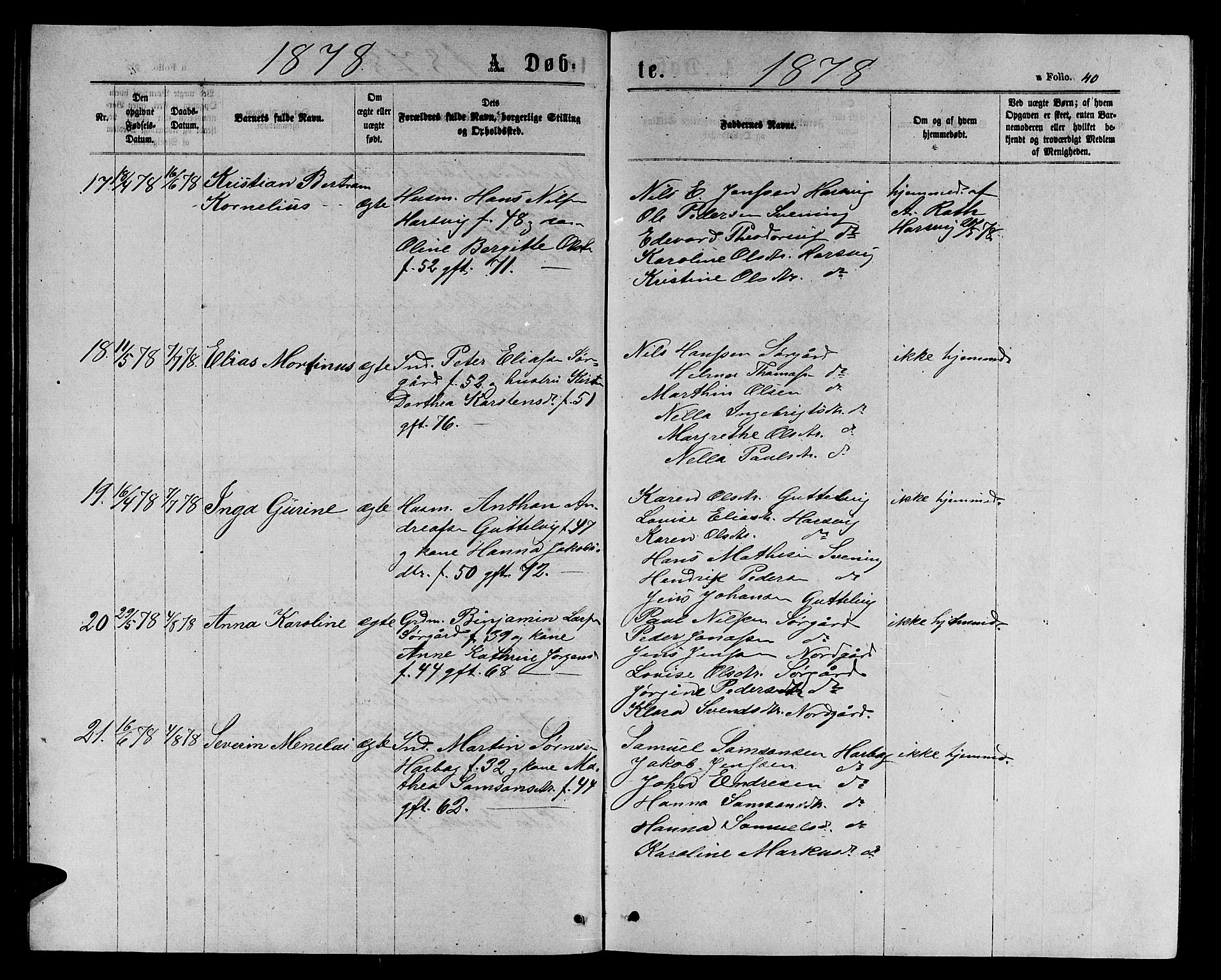 Ministerialprotokoller, klokkerbøker og fødselsregistre - Sør-Trøndelag, SAT/A-1456/656/L0695: Parish register (copy) no. 656C01, 1867-1889, p. 40
