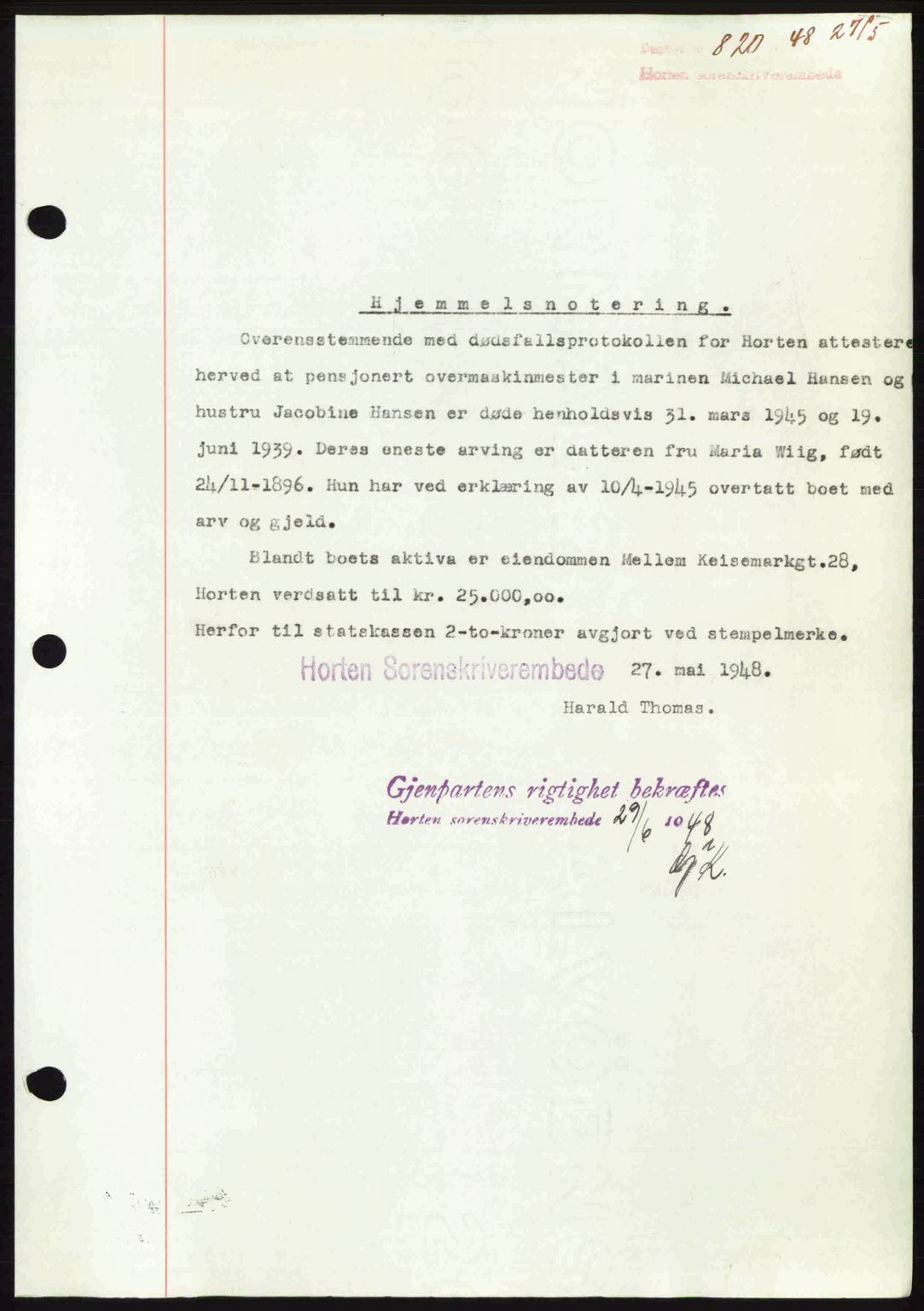 Horten sorenskriveri, AV/SAKO-A-133/G/Ga/Gaa/L0010: Mortgage book no. A-10, 1947-1948, Diary no: : 820/1948