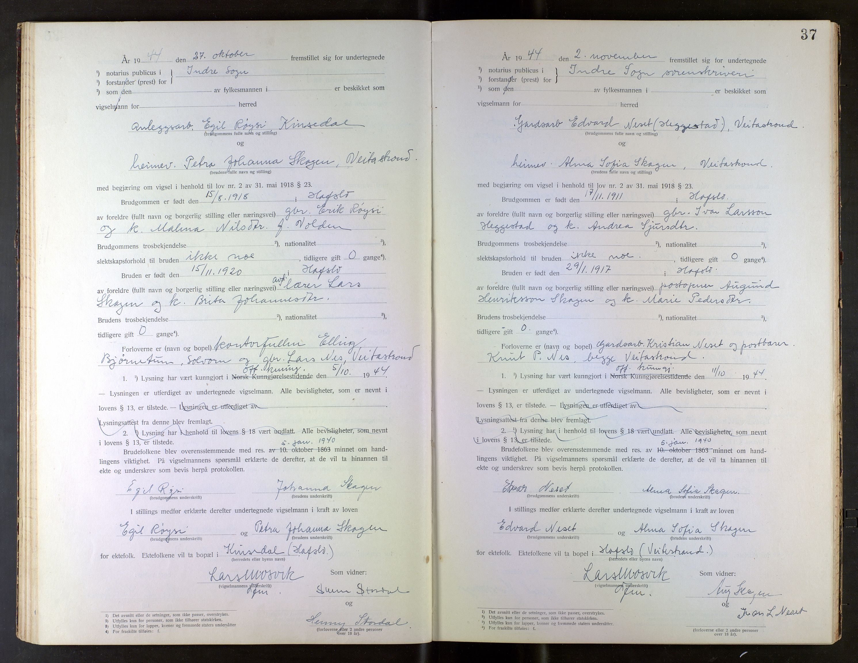 Indre Sogn tingrett, AV/SAB-A-3301/1/L/La/Laa/L0001: Vigselsbok Indre Sogn, 1938-1967, p. 37