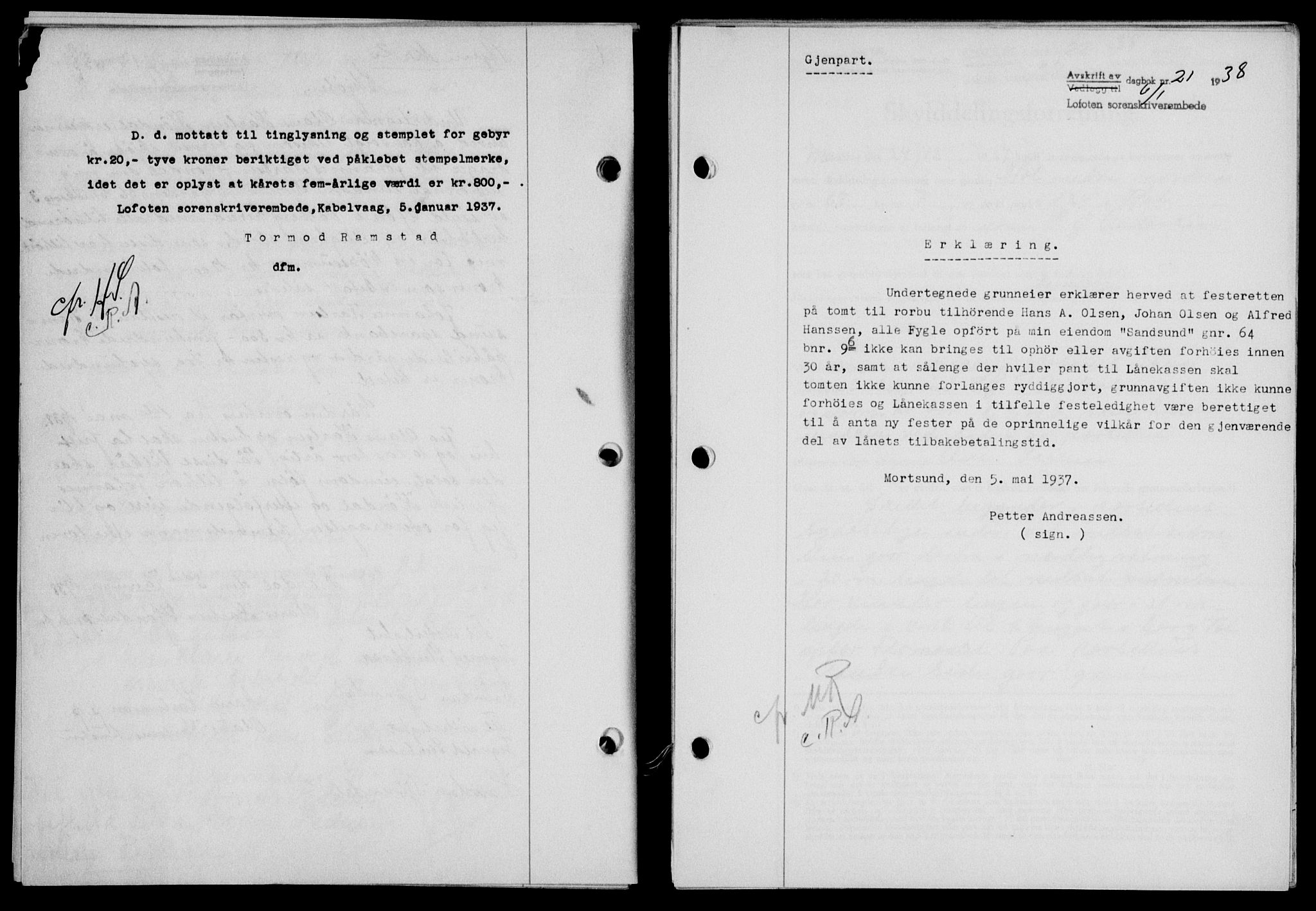 Lofoten sorenskriveri, SAT/A-0017/1/2/2C/L0003a: Mortgage book no. 3a, 1937-1938, Diary no: : 21/1938