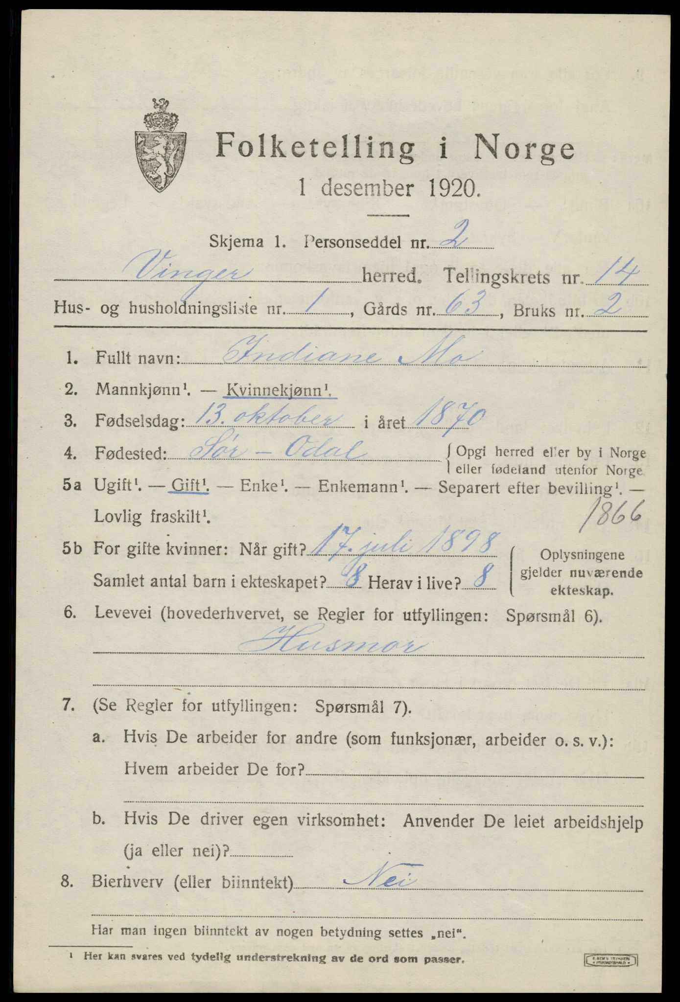 SAH, 1920 census for Vinger, 1920, p. 11404