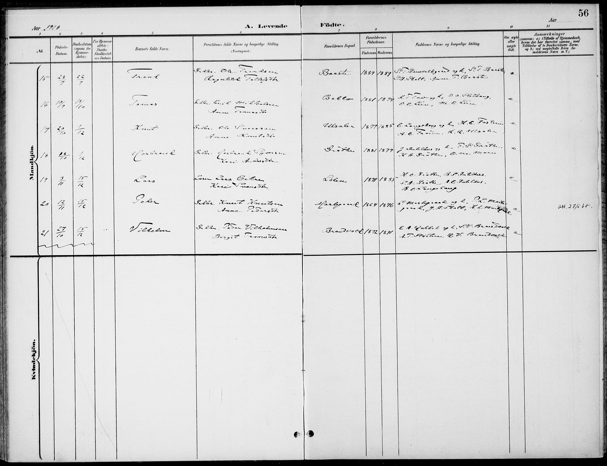 Gol kirkebøker, AV/SAKO-A-226/F/Fb/L0002: Parish register (official) no. II 2, 1900-1921, p. 56