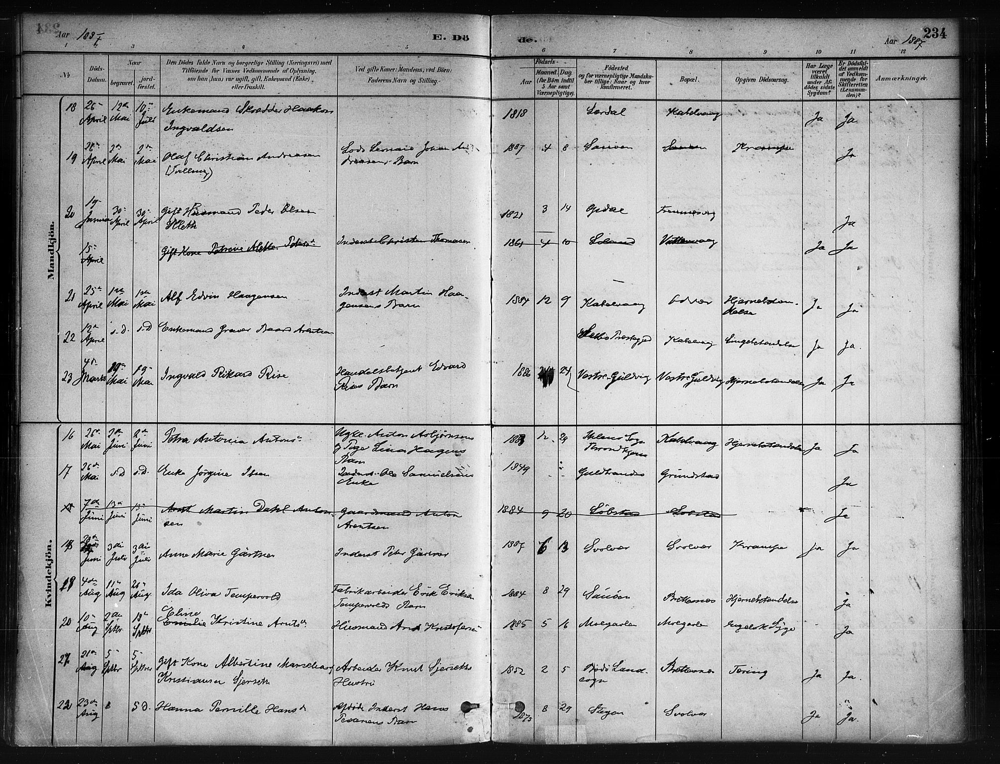 Ministerialprotokoller, klokkerbøker og fødselsregistre - Nordland, SAT/A-1459/874/L1059: Parish register (official) no. 874A03, 1884-1890, p. 234