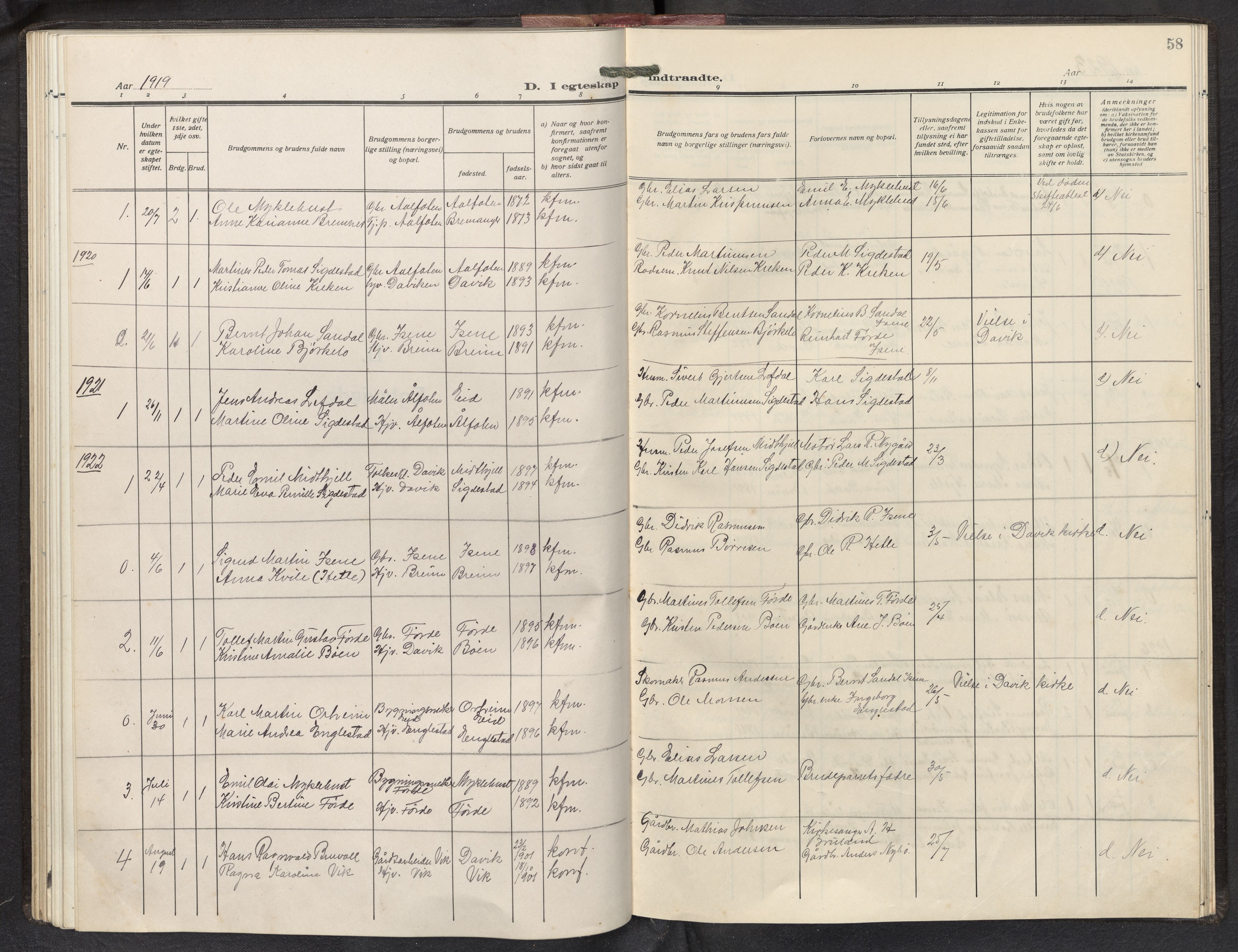 Davik sokneprestembete, SAB/A-79701/H/Hab/Habd/L0003: Parish register (copy) no. D 3, 1917-1953, p. 57b-58a