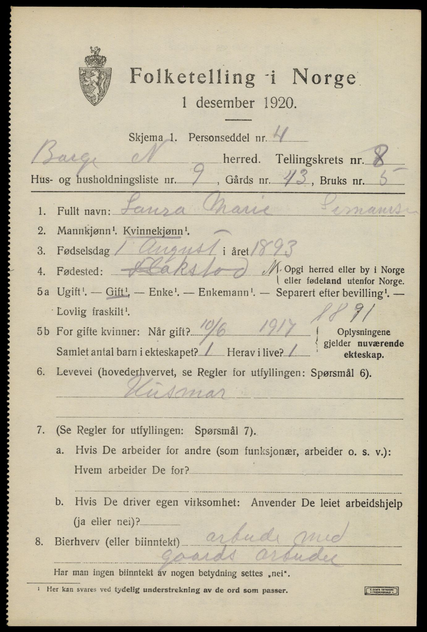 SAT, 1920 census for Borge, 1920, p. 7317